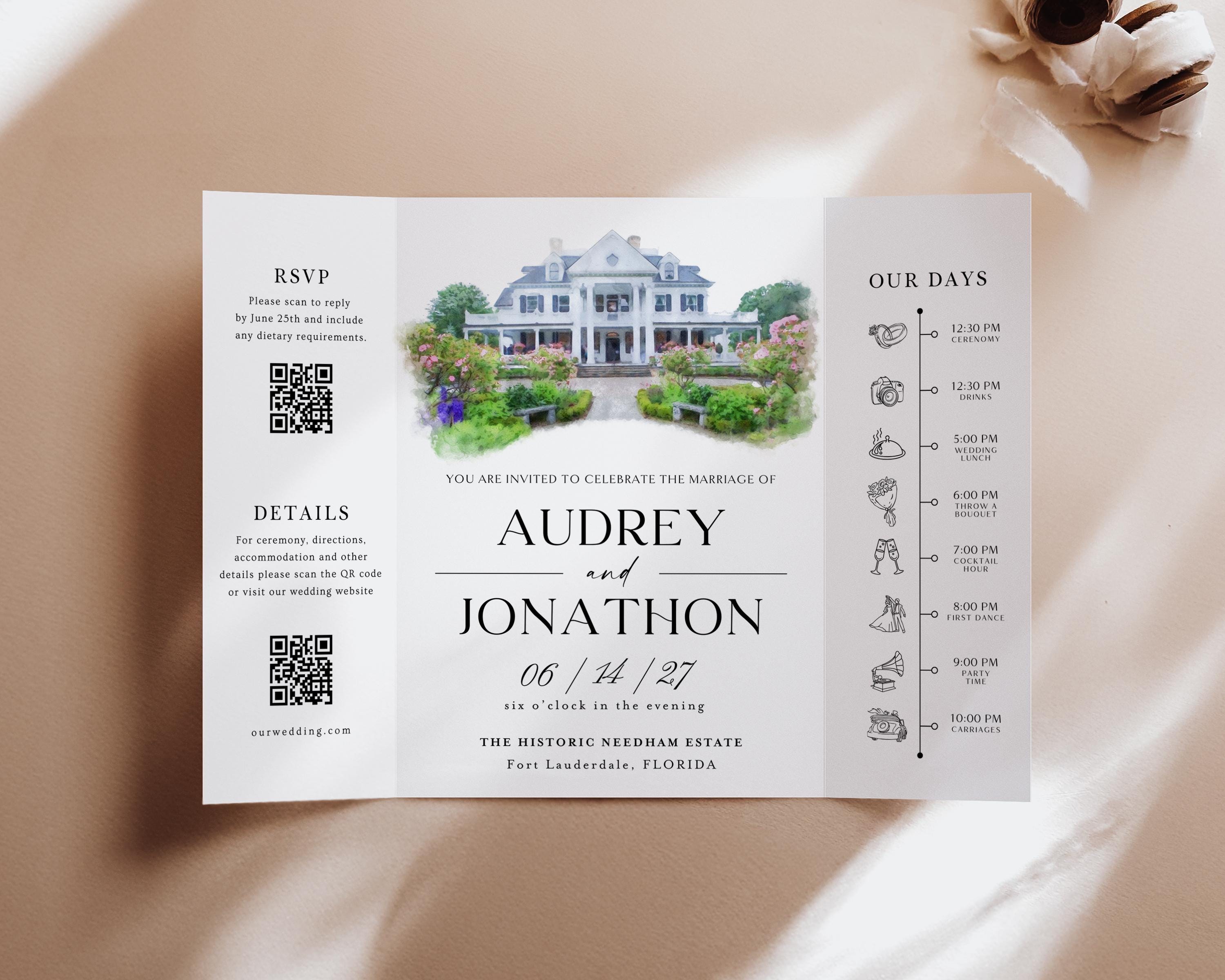 Custom Watercolor Venue Wedding Invitation, Editable Canva Gatefold Invite Template