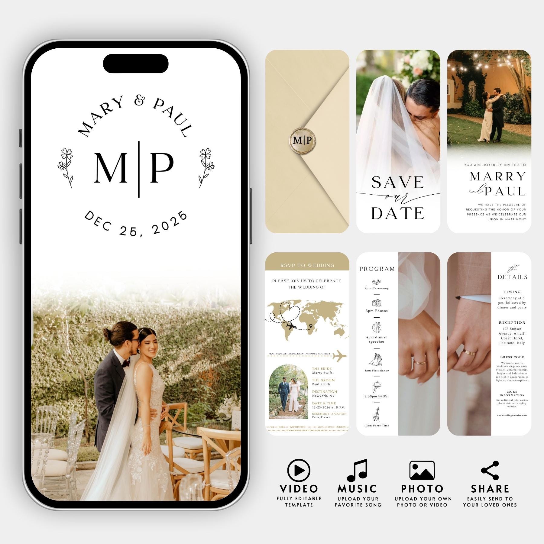 Animated Wedding Video Invitation: Photo & Music Template (Canva)