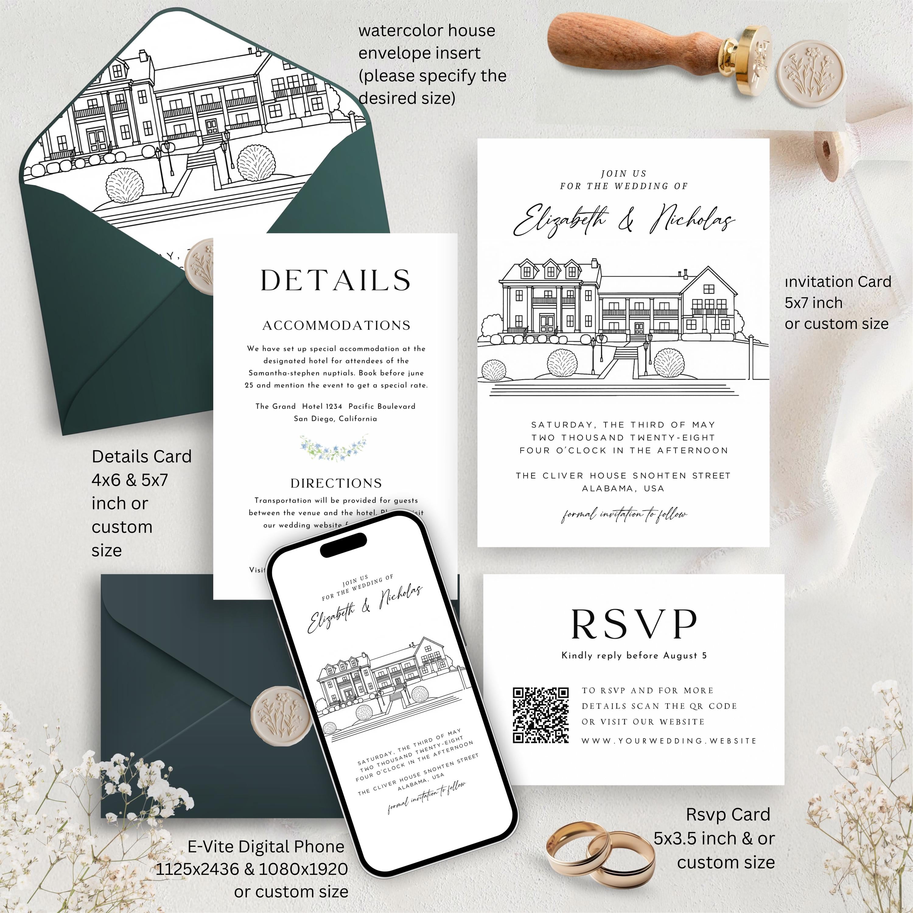 Personalized Wedding Venue Sketch Invitation Suite, Fully Editable DIY Canva Template, Wedding Stationery Bundle