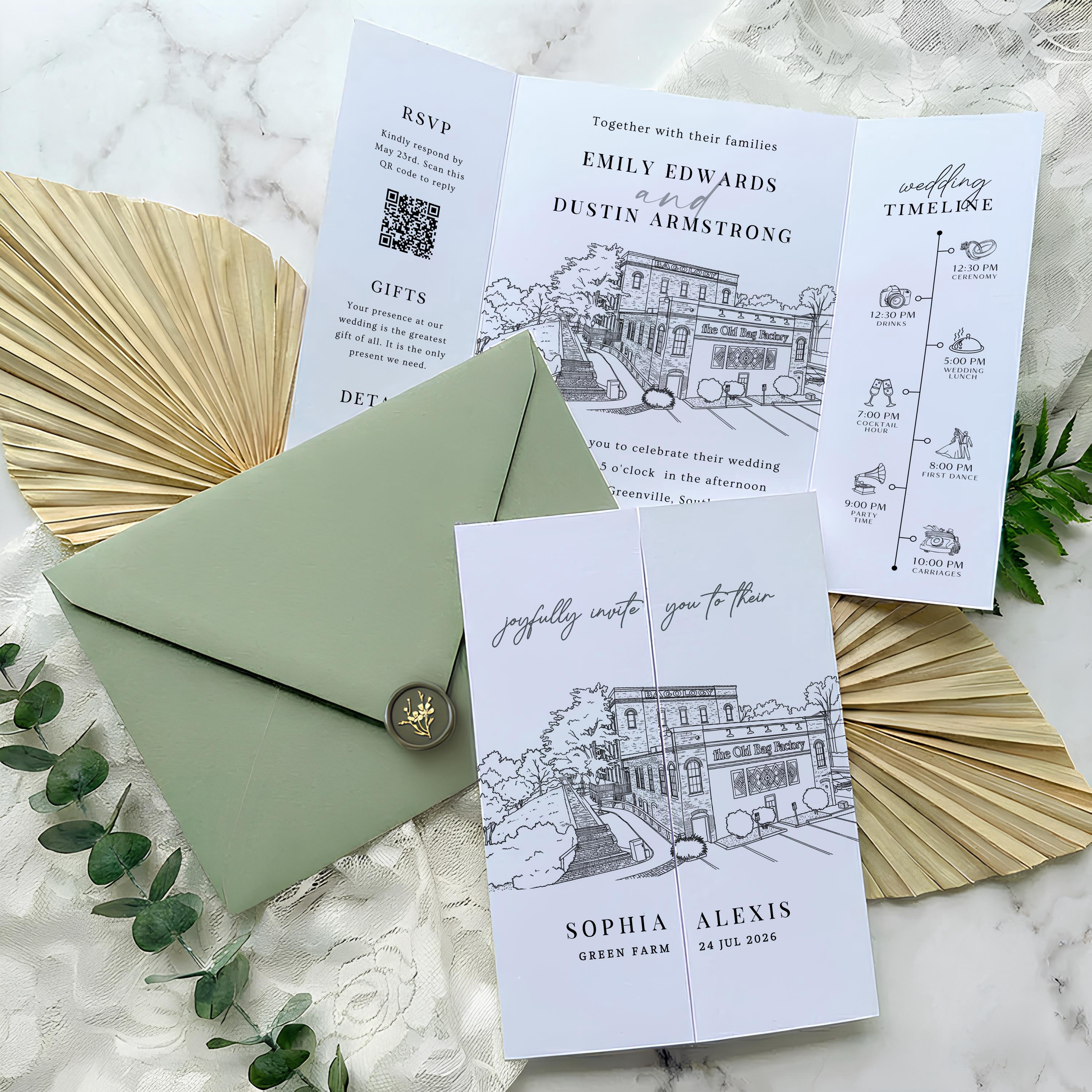 Wedding Venue Sketch Gatefold Invitation | Fully Editable Invitation Canva Template | Illustration