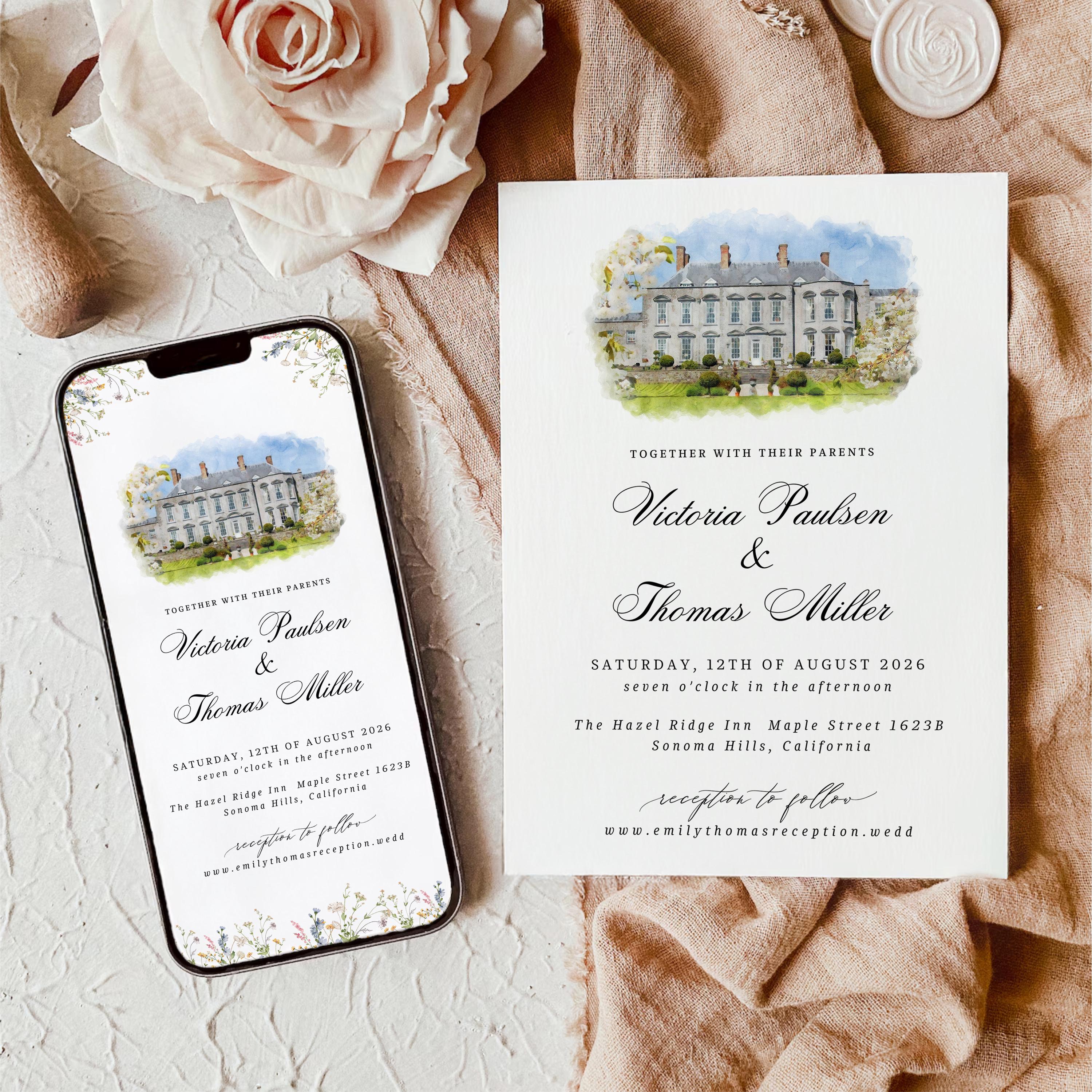 Custom Watercolor Venue Wedding Invitation | Editable Canva Invite Template | Modern Wedd Template,