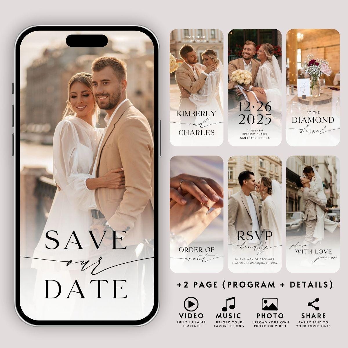 Minimalist Wedding Video Invitation: Animated Photo Template (Canva Editable)