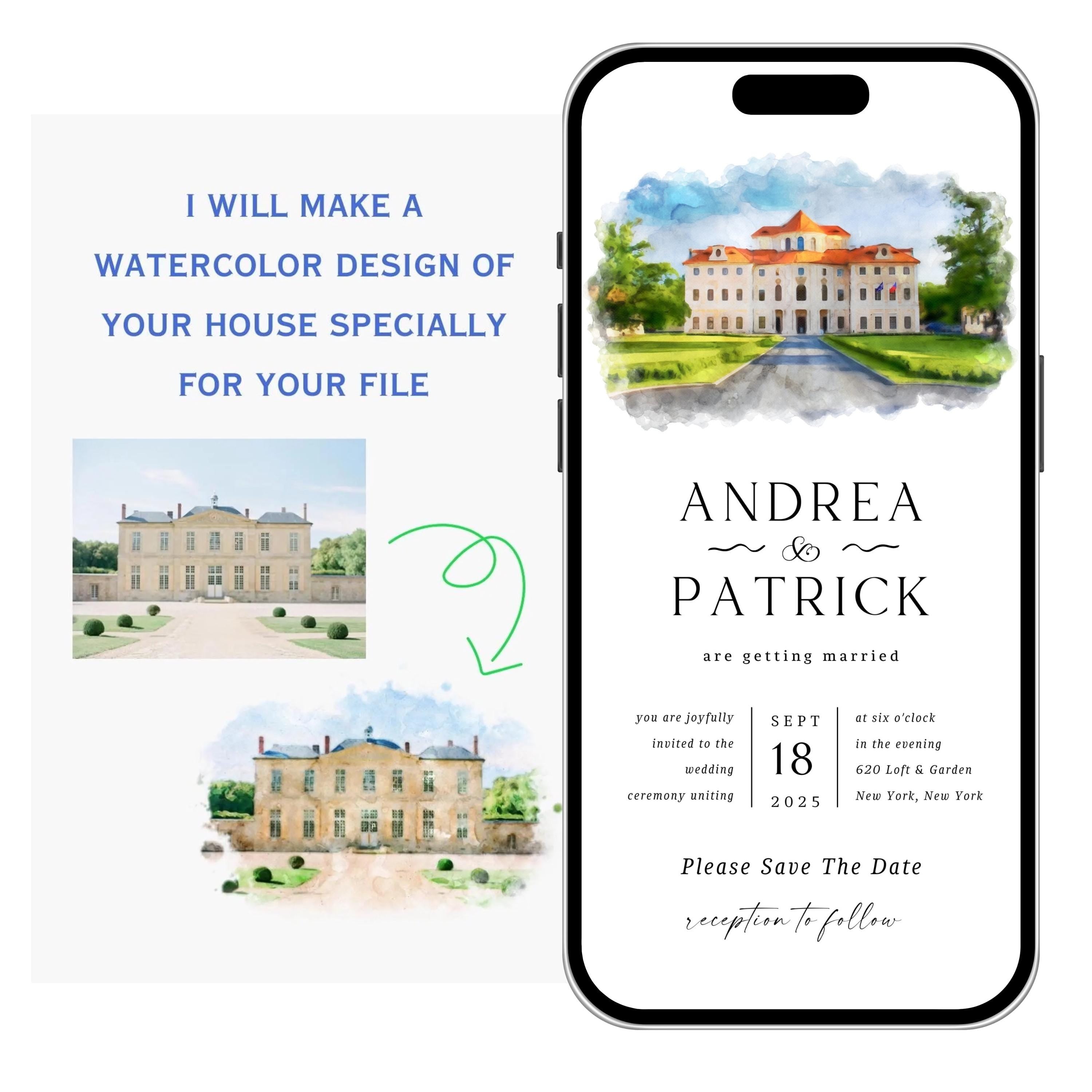 Digital Venue Sketch Save the Date: Watercolor Wedding E-vite (JPEG, PNG, PDF