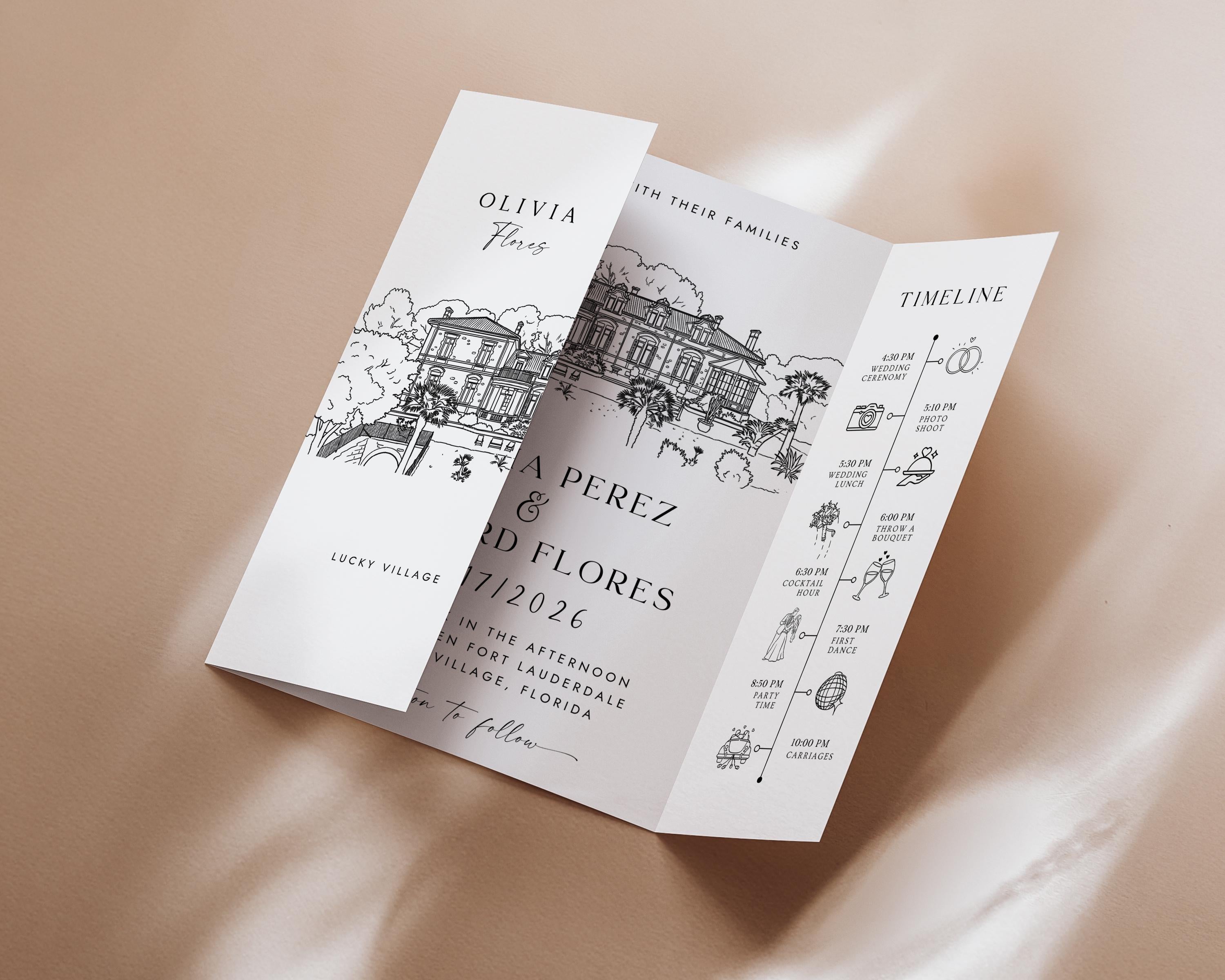Custom Sketch Venue Gatefold Invitation | Editable Canva Lineart Gatefold Invite | Modern Wedding Template
