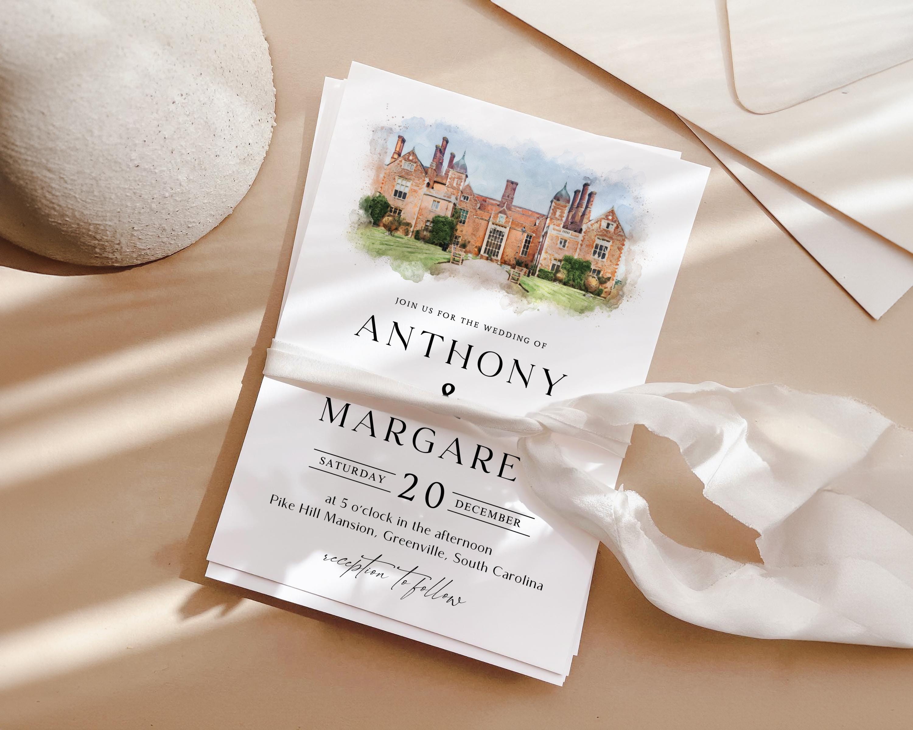 Custom Watercolor Wedding Venue Invitation Template (DIY Canva Edit)