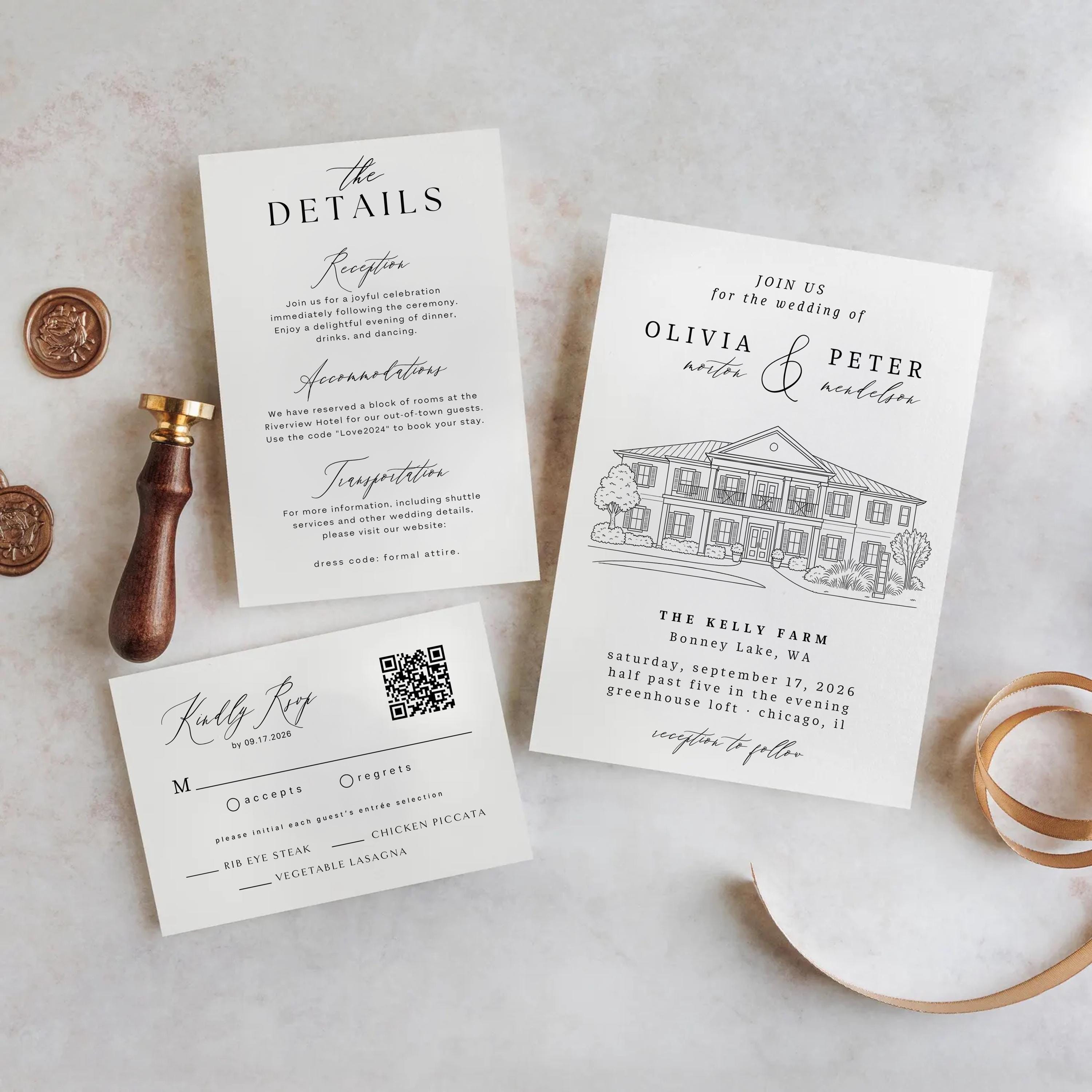 Venue Illustration Wedding Invitation Template: Custom Line Art