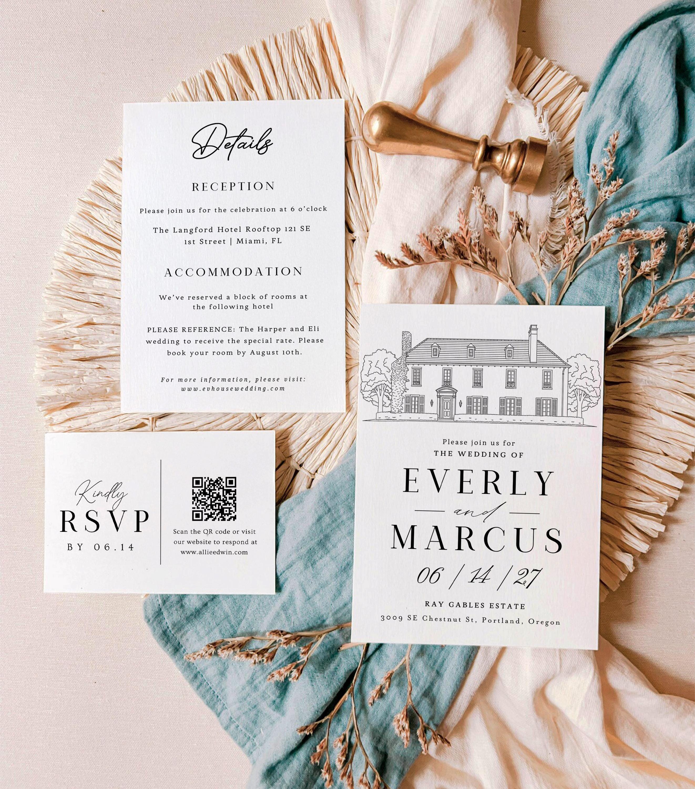Custom Venue Line Art Wedding Invitation Template (DIY Canva Edit, Digital Download)