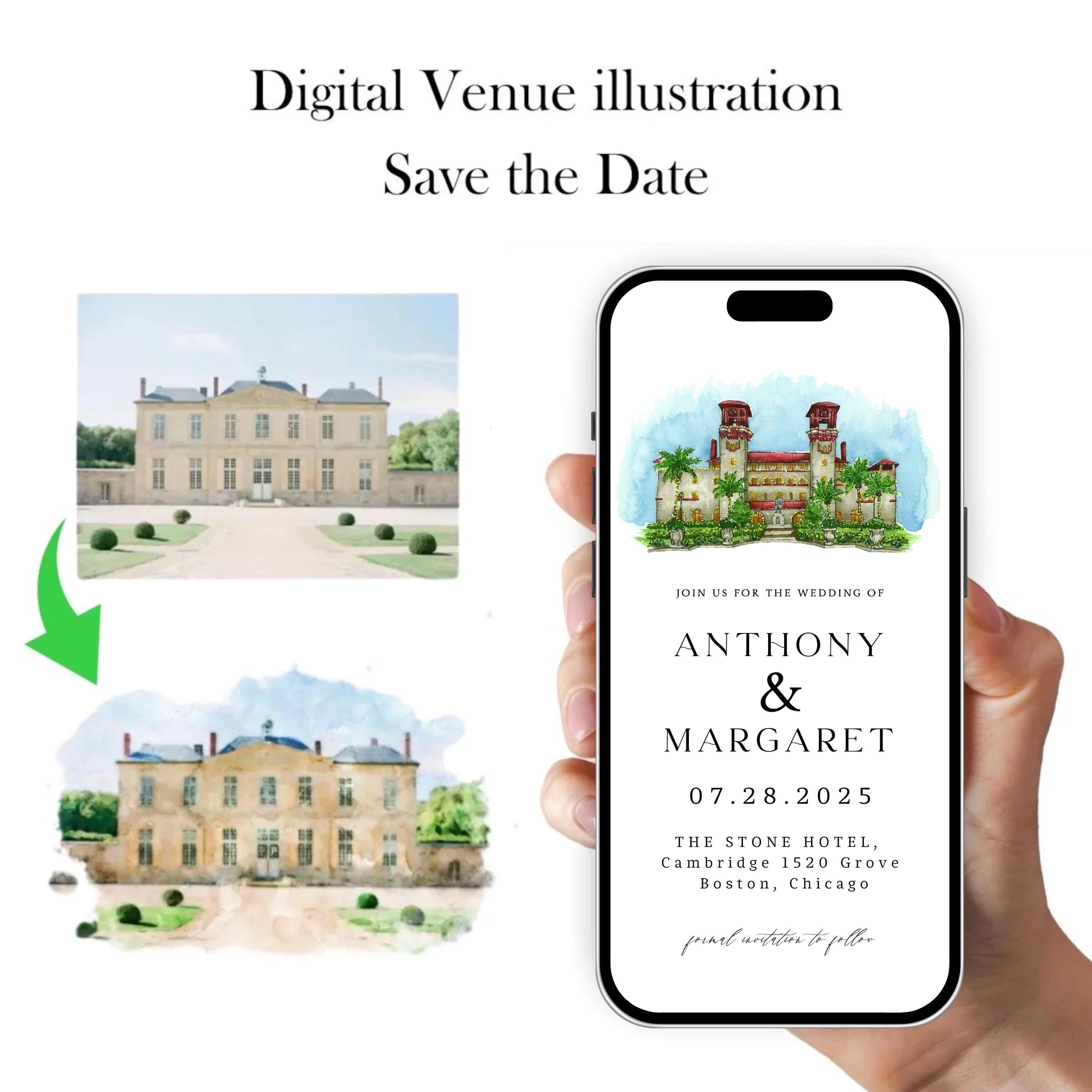 Digital Venue Sketch Save the Date: Watercolor Wedding E-vite (JPEG, PNG, PDF