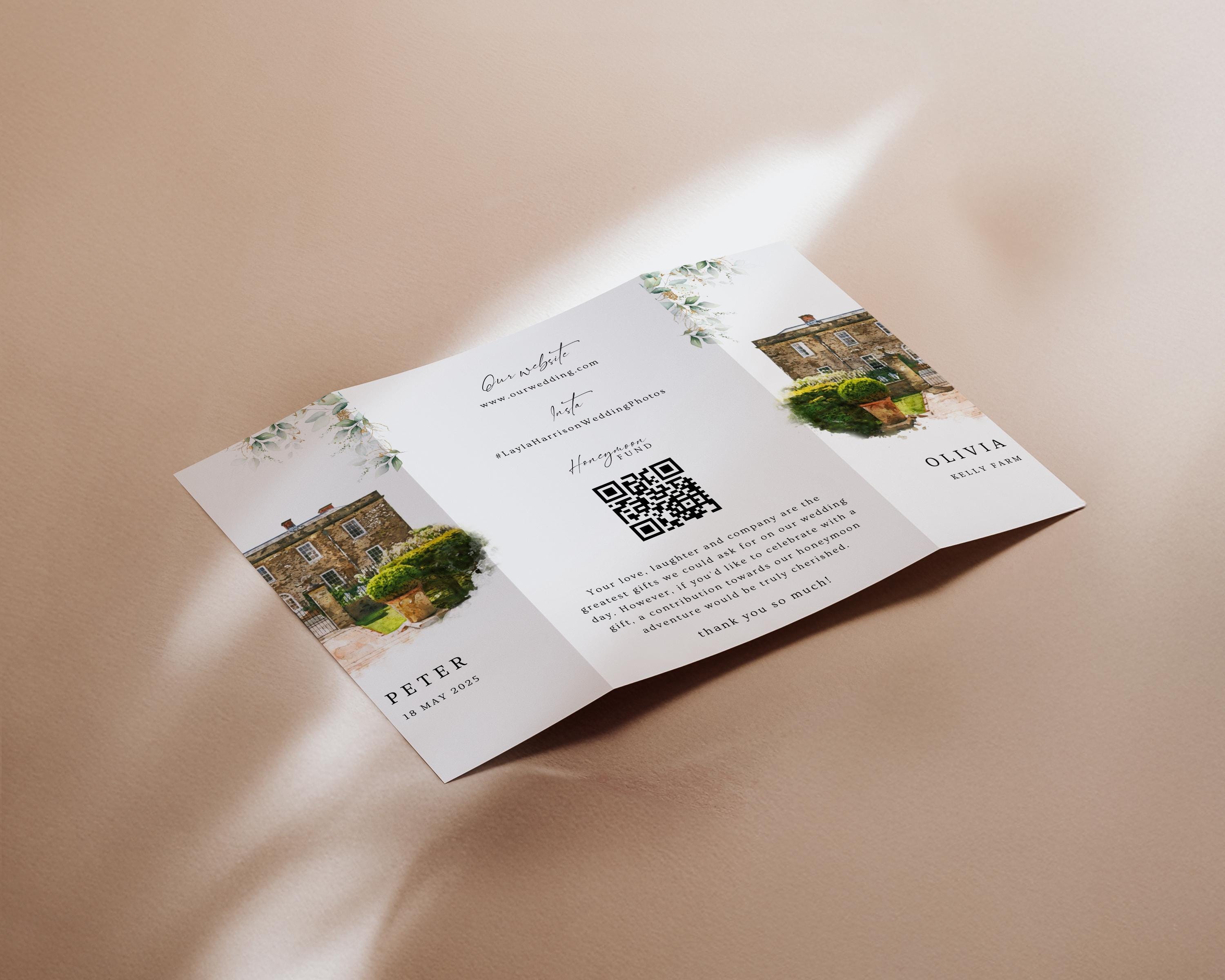 Modern Watercolor Venue Wedding Invitation, Gatefold Canva Template, Custom Editable Invite