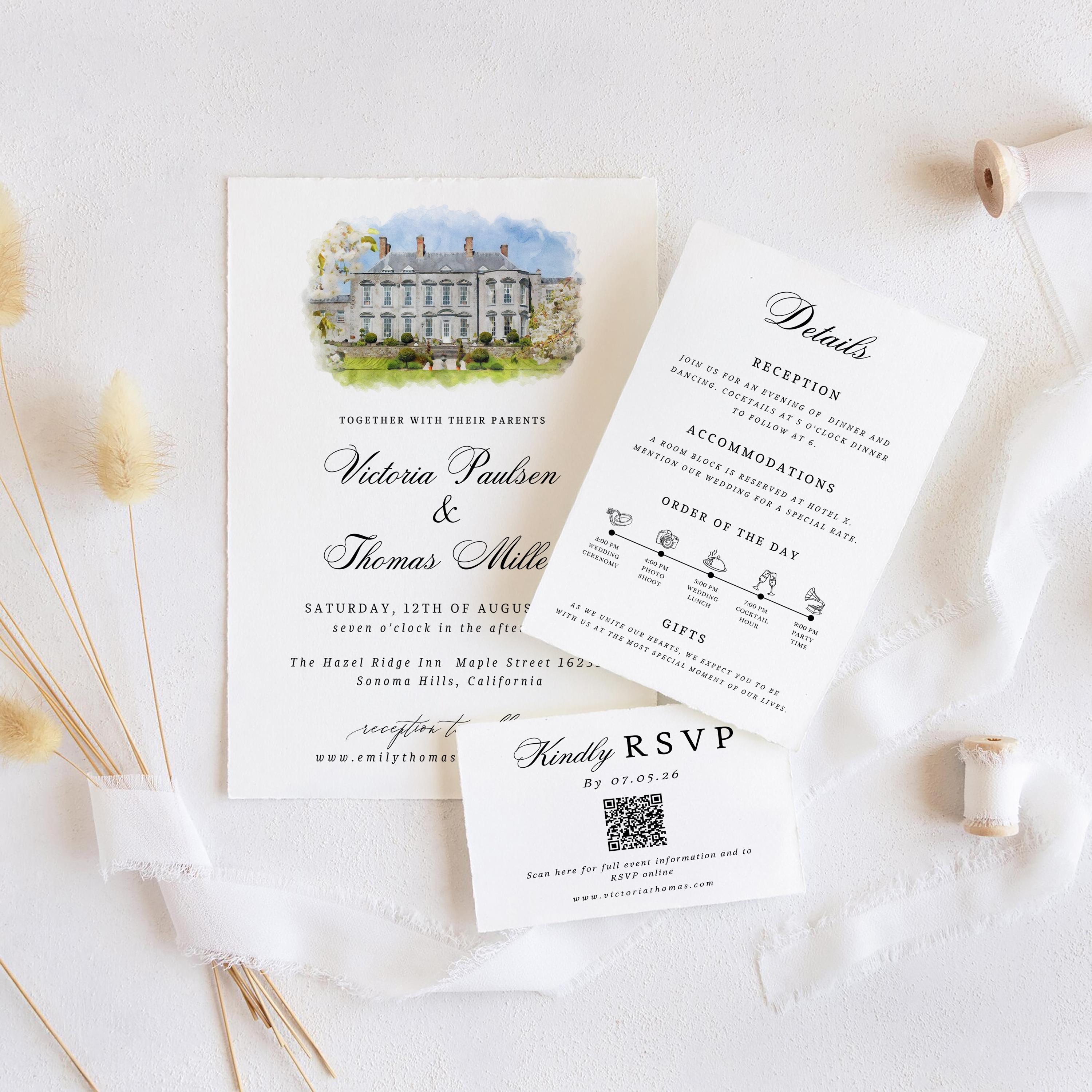 Custom Watercolor Venue Wedding Invitation | Editable Canva Invite Template | Modern Wedd Template,