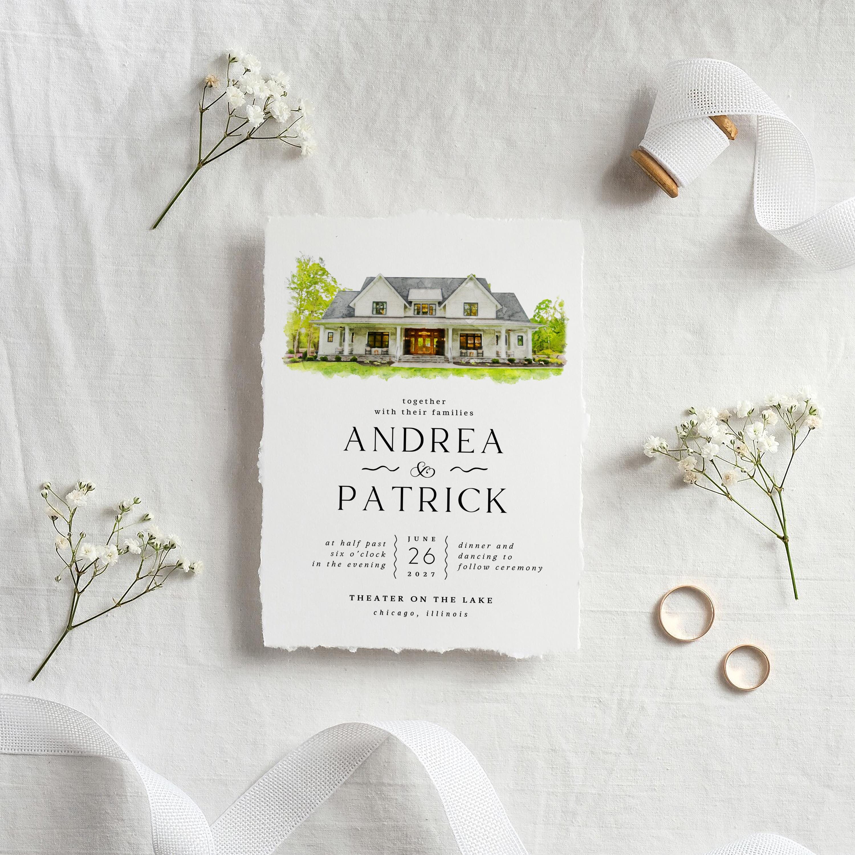 Custom Watercolor Venue Wedding Invitation Template (Canva)