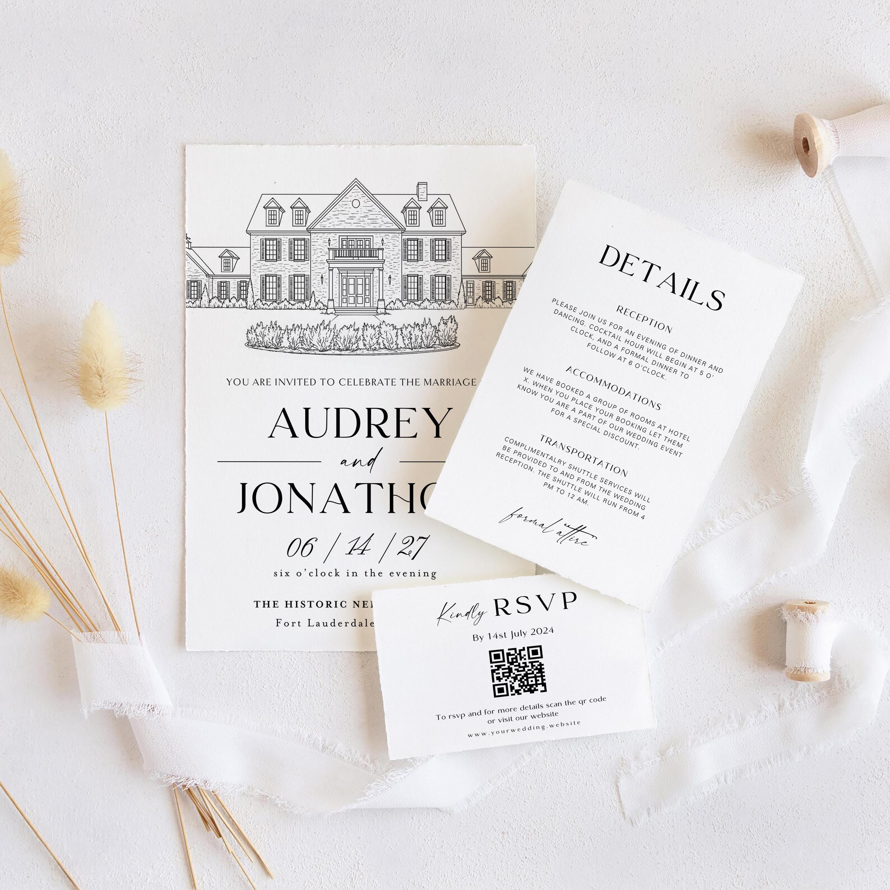 Custom Venue Line Art Wedding Invitation Template (DIY Canva Edit, Digital Download)