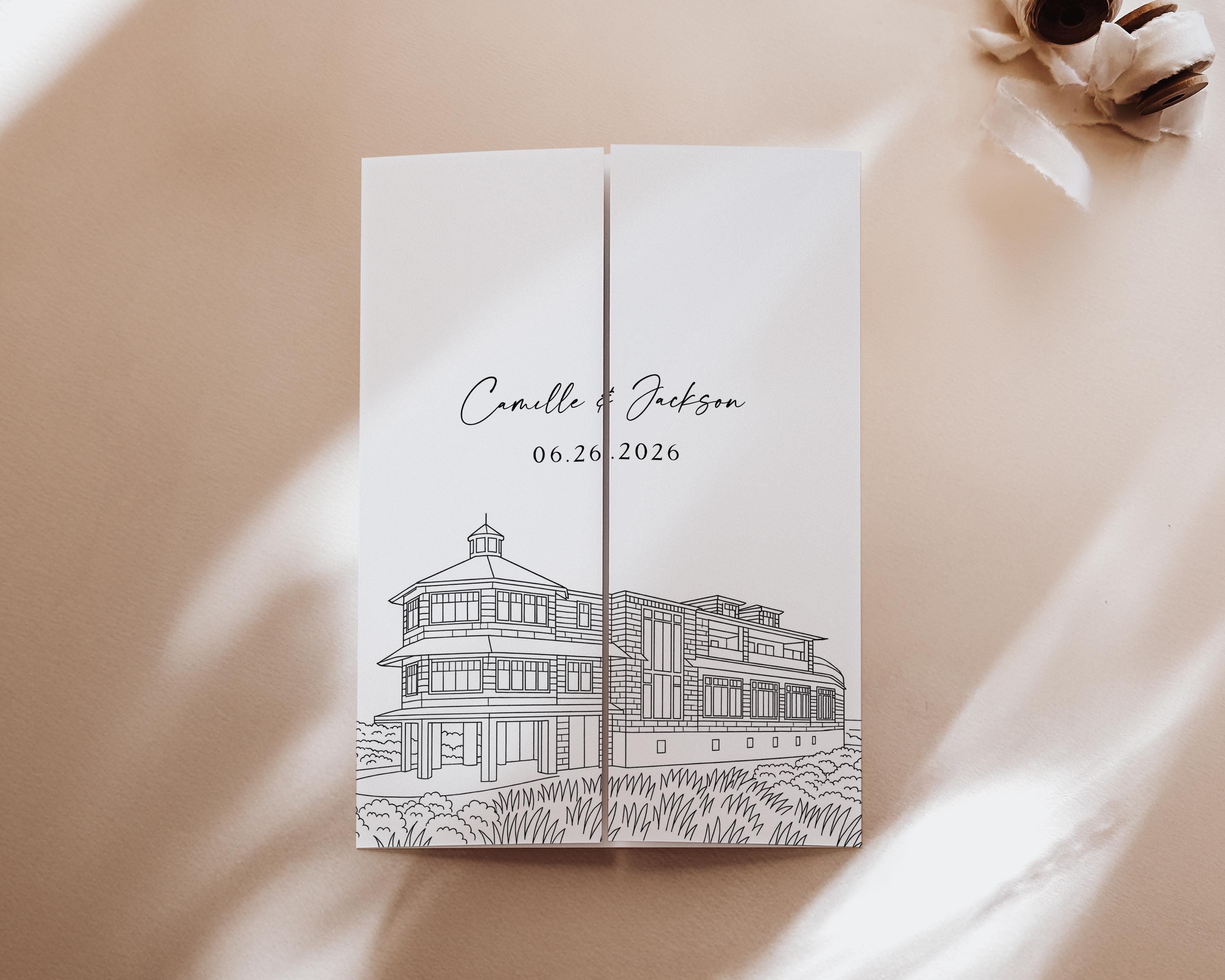 Venue Sketch Wedding Invitation: Gatefold Line Drawing (DIY Canva Template)