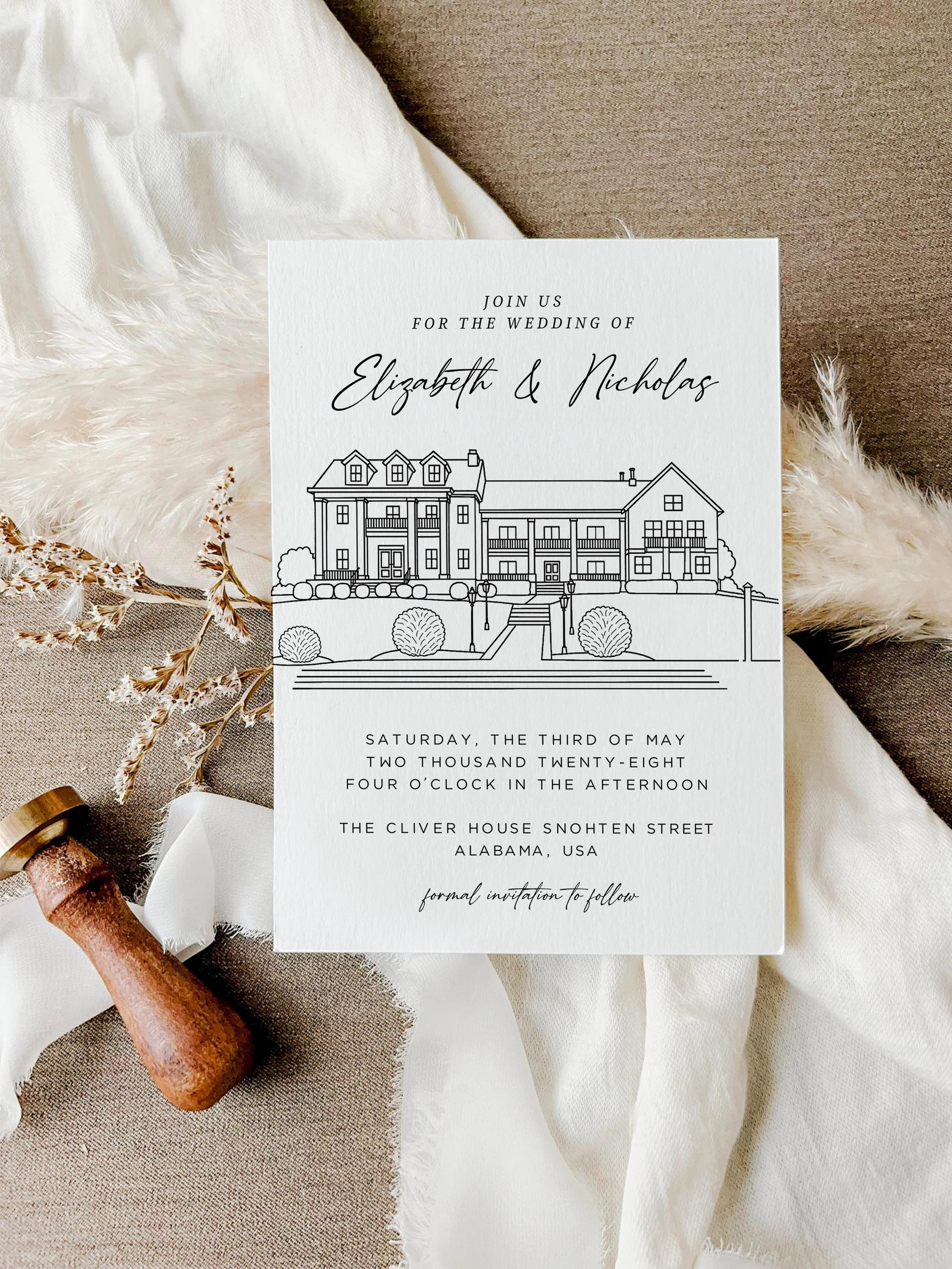 Custom Wedding Venue Lineart Invitation Bundle | Modern Wedding Sketch Illustration Invite | Editable Canva Template
