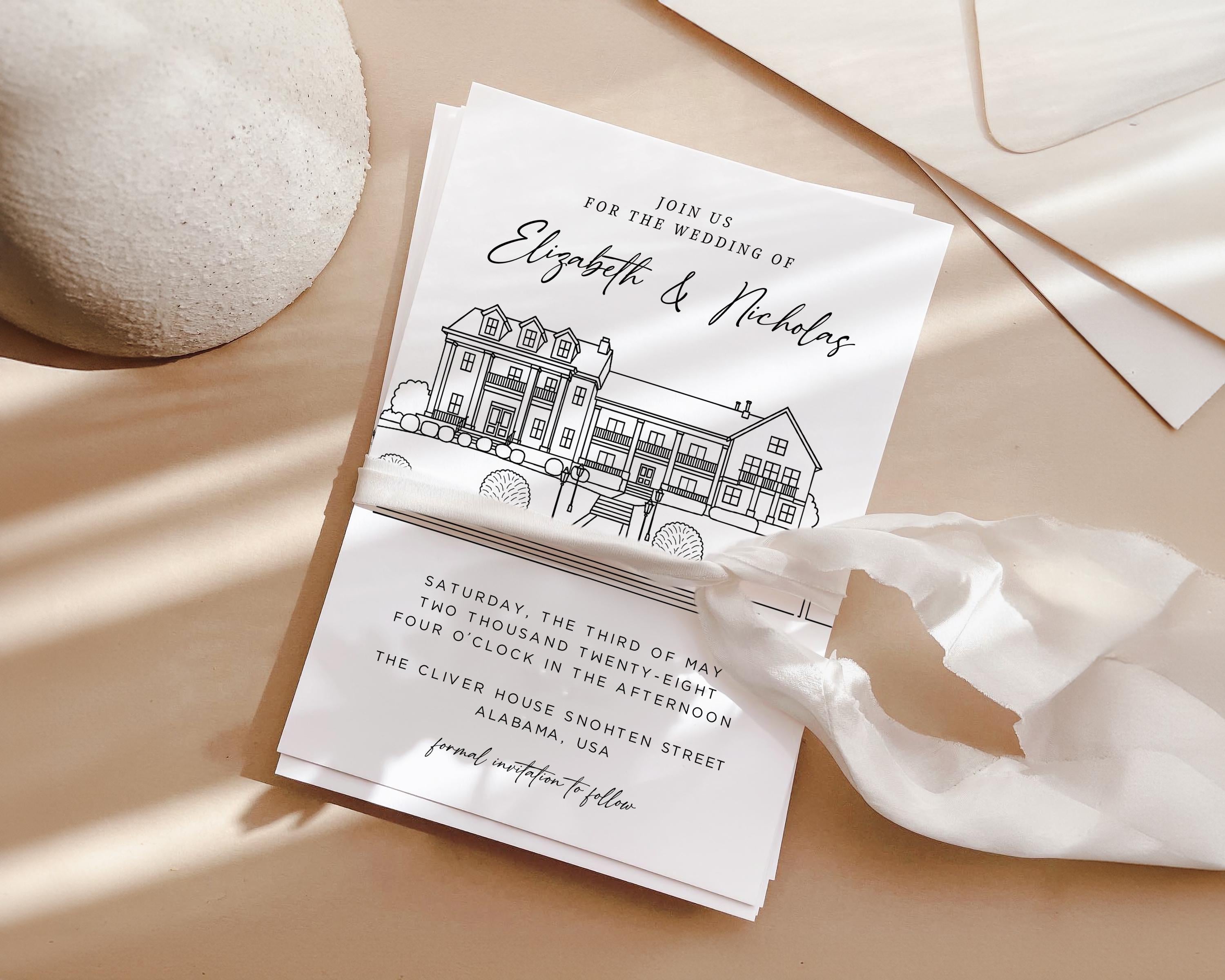 Personalized Wedding Venue Sketch Invitation Suite, Fully Editable DIY Canva Template, Wedding Stationery Bundle
