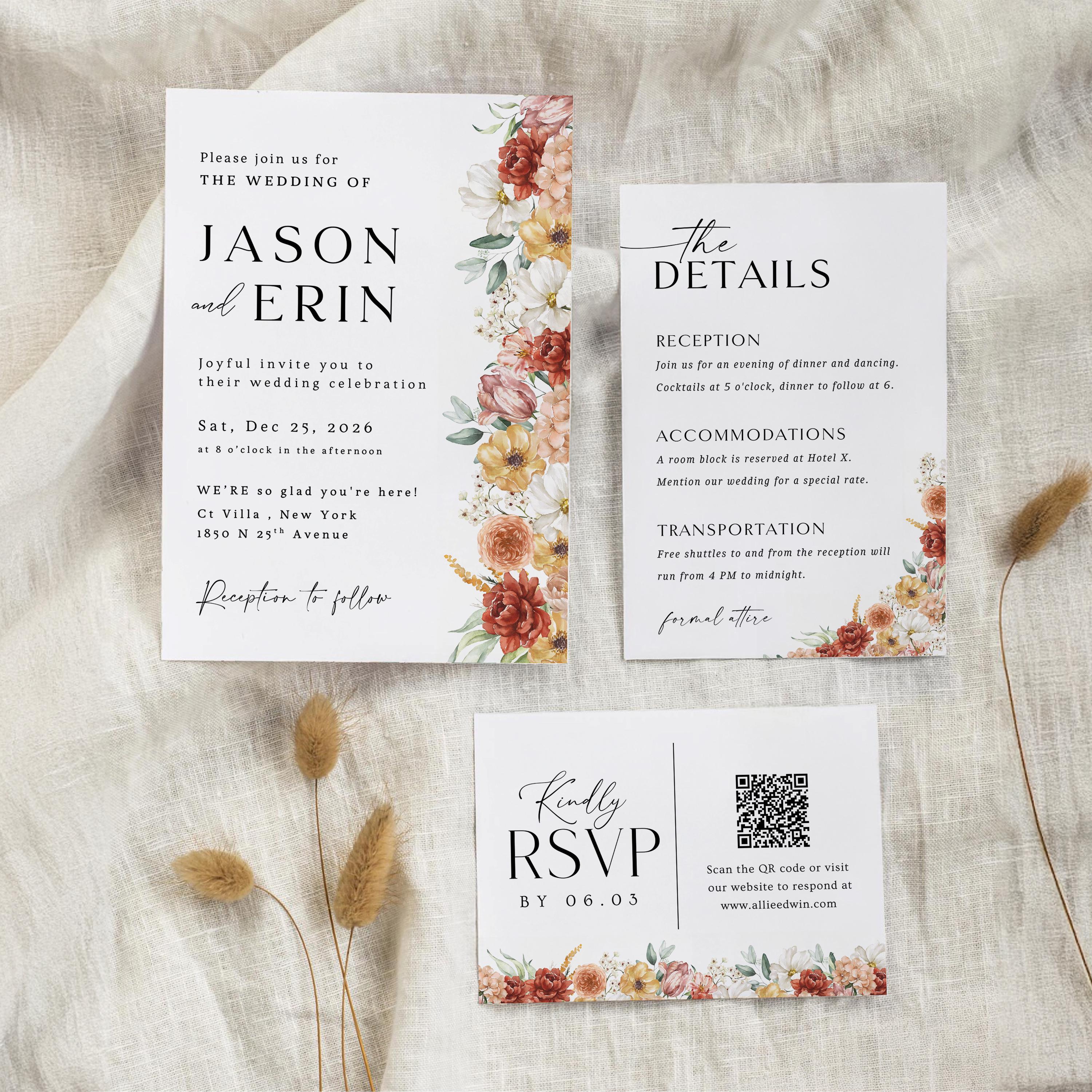Wildflower Wedding Invitation Template: Boho Floral Suite (Digital Download)