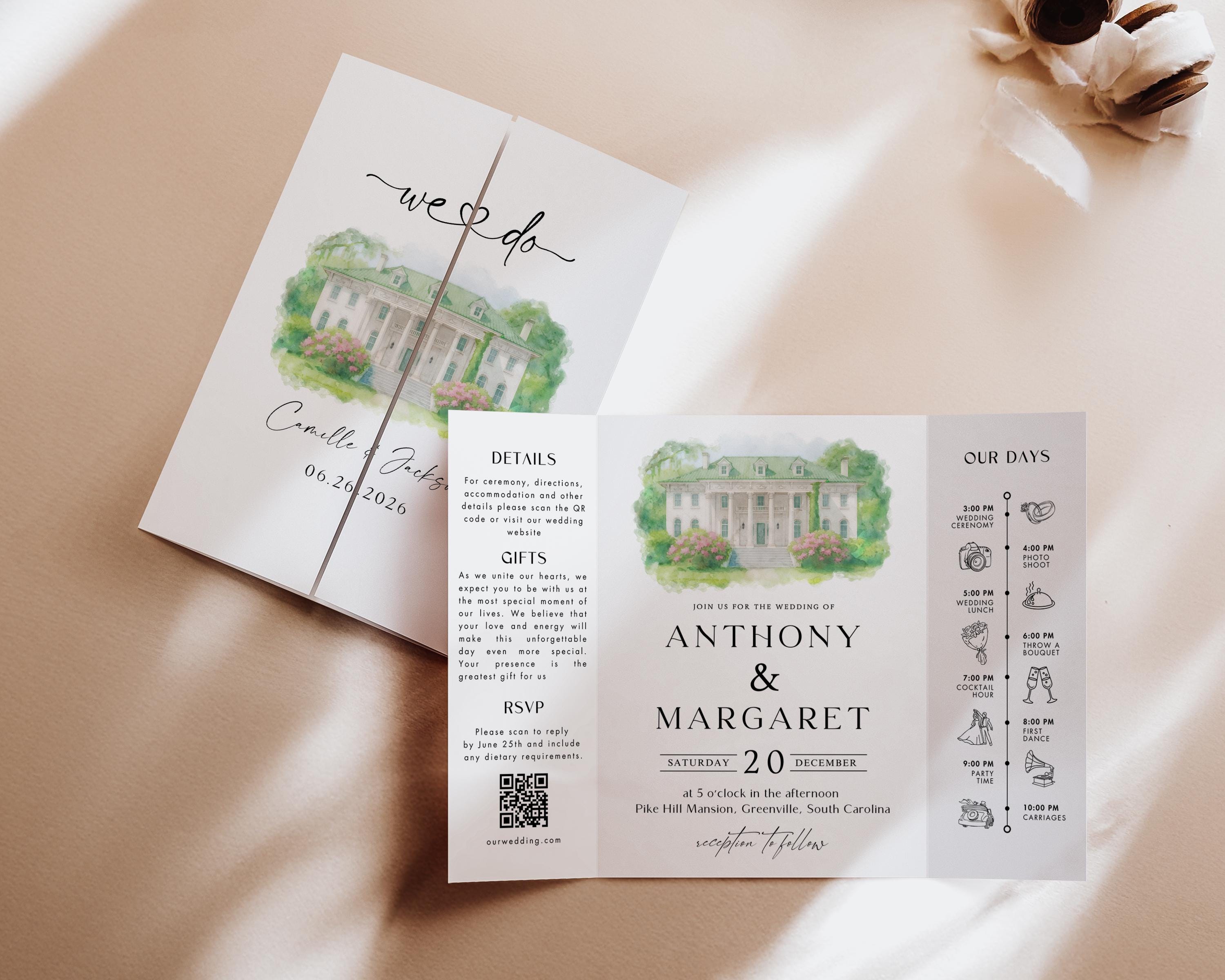 Custom Watercolor Venue Wedding Invitation, Editable Canva Gatefold Invite Template