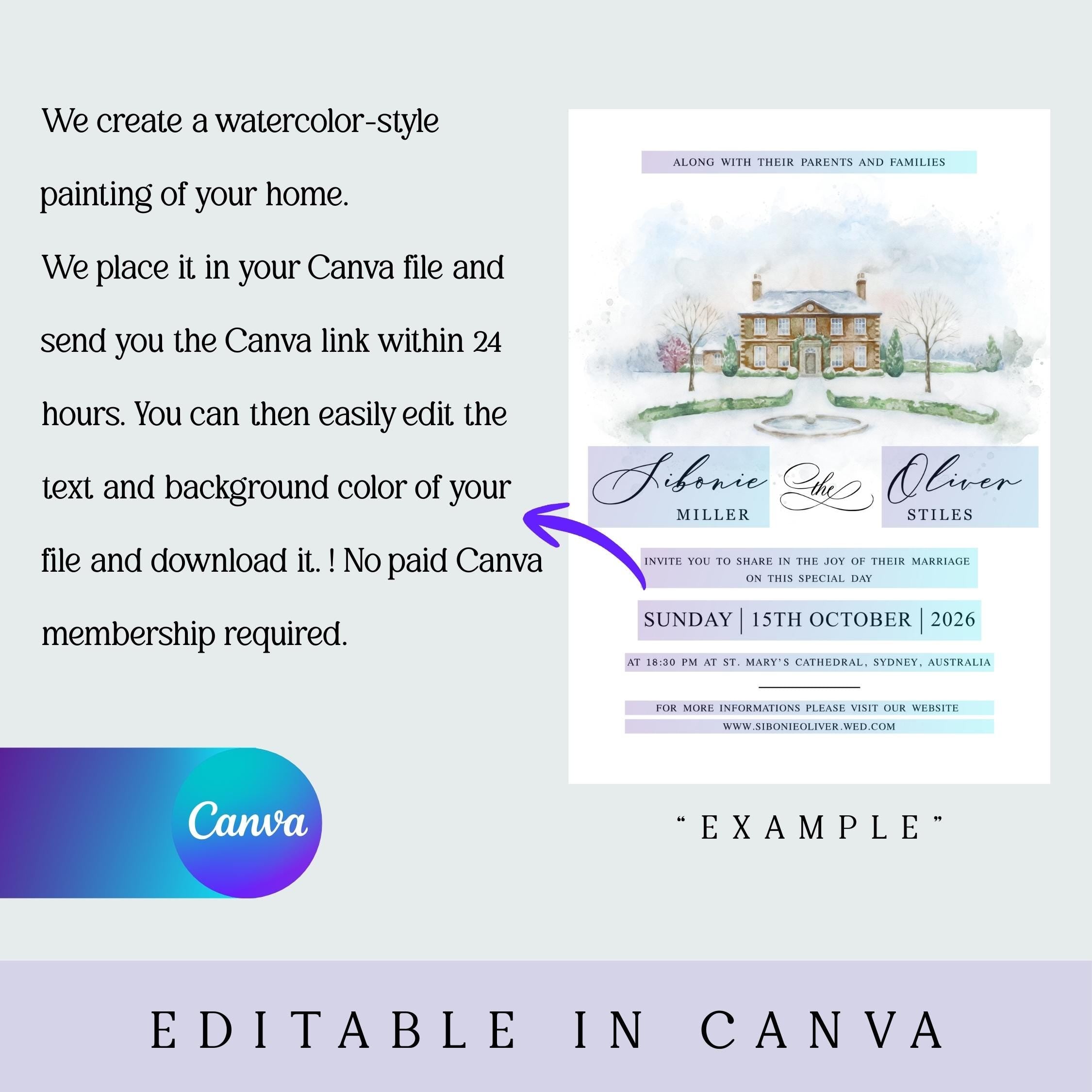 Watercolor Wedding Venue Invitations | Modern Wedding Gatefold Invitation | Custom Illustration Invite | Editable Canva Template