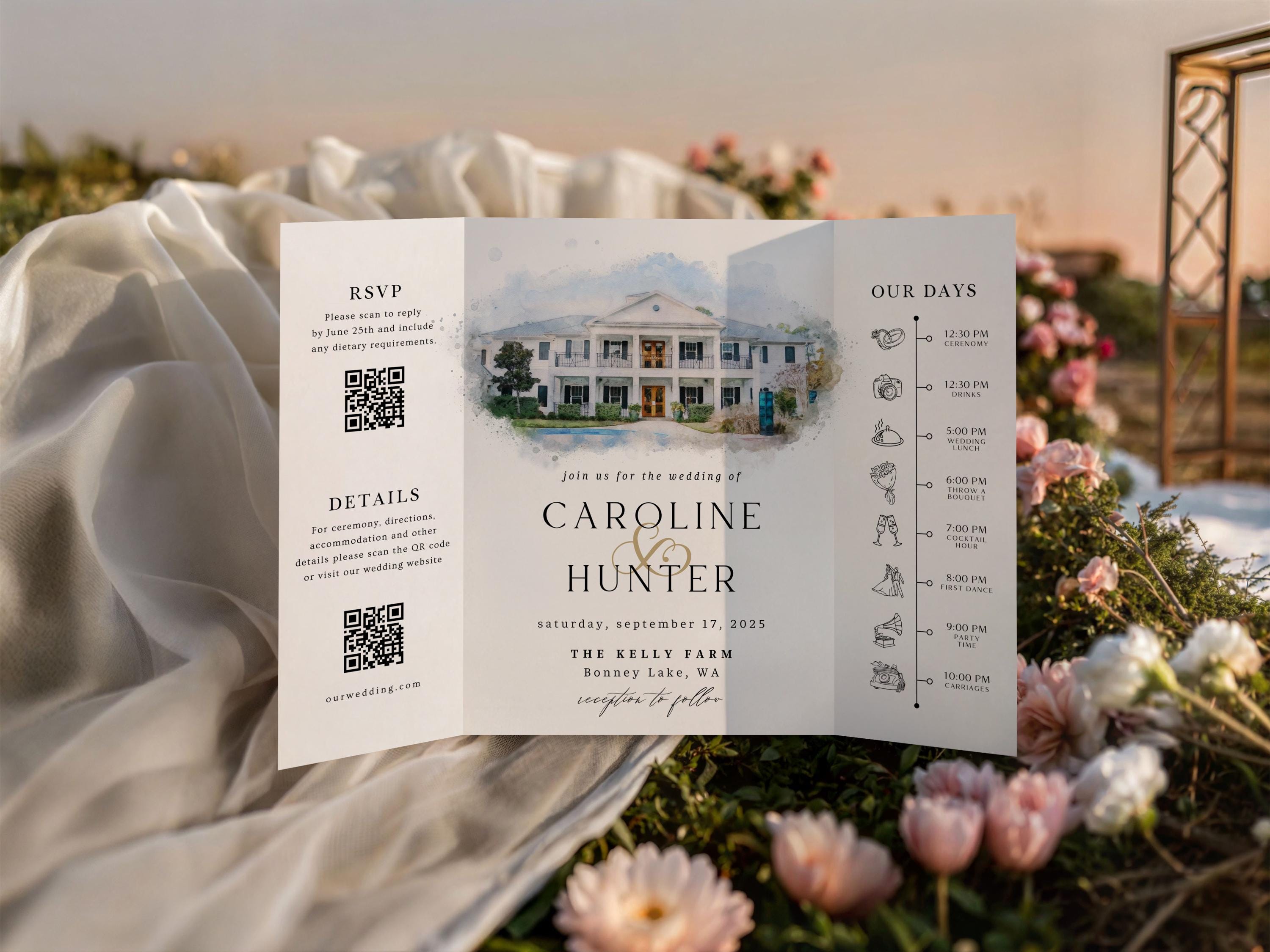 Custom Watercolor Venue Wedding Invitation, Editable Canva Gatefold Invite Template