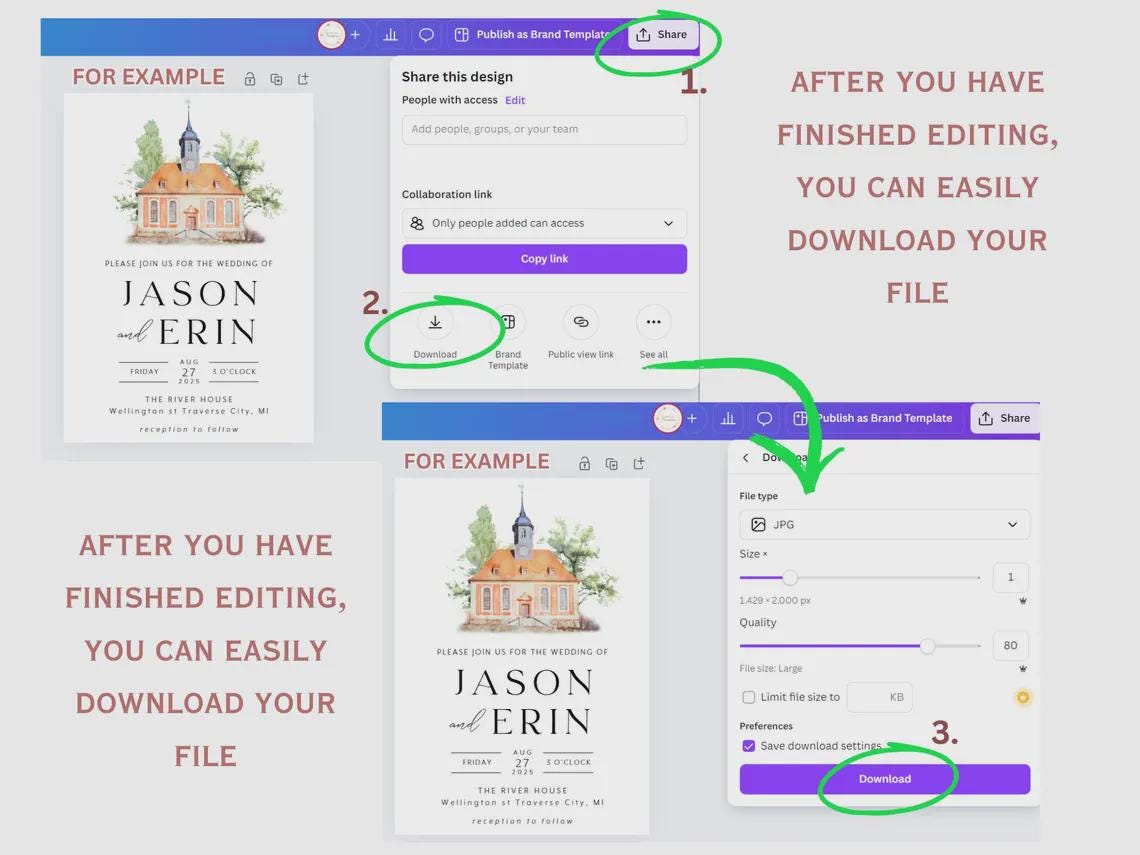 Custom Wedding Venue Line Art Invitation: DIY Canva Template (RSVP ,Details,include) (Digital Download)