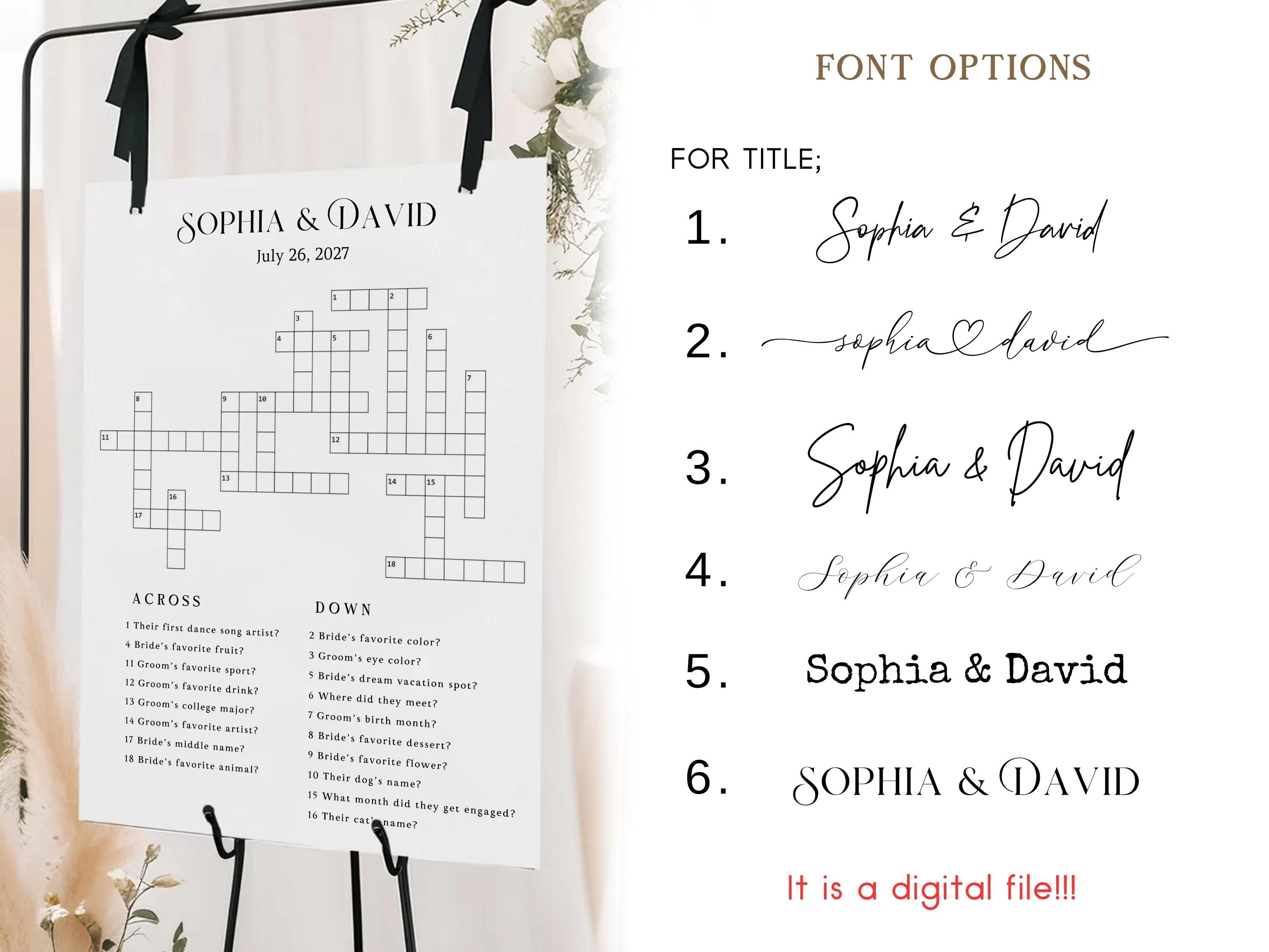 Custom Wedding Crossword Puzzle: Giant, Minimalist, Boho (Digital Deliver, PDF, JPEG, PNG Format)