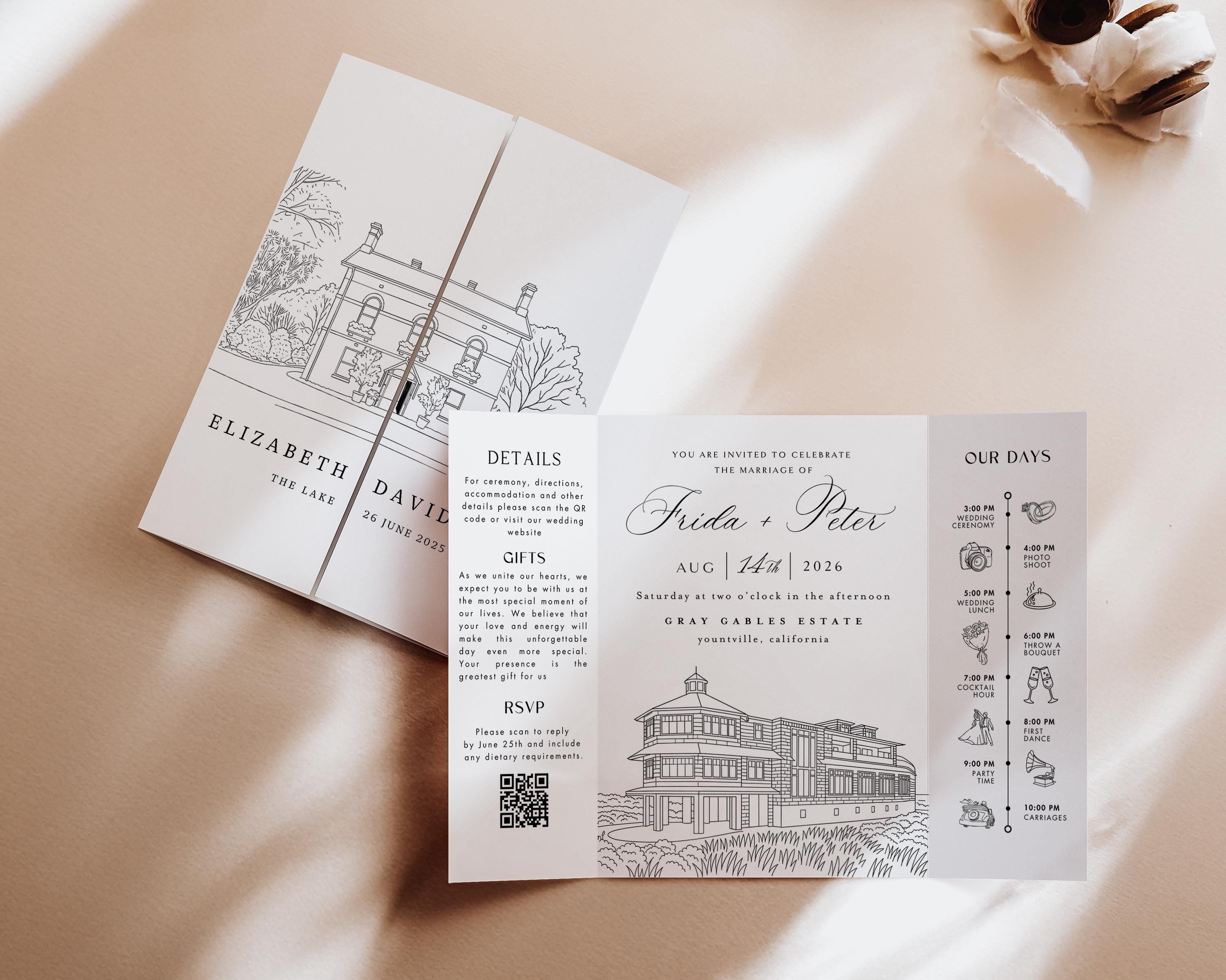 Custom Wedding Venue Illustration Invitation: Line Drawing Gatefold Template