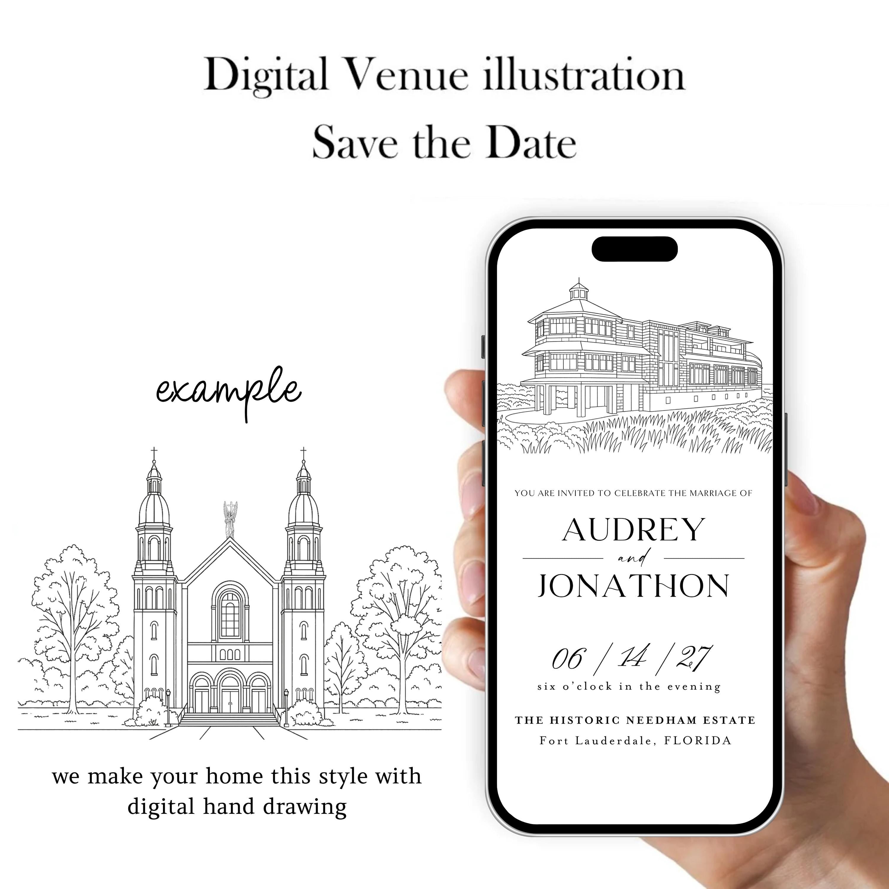 Digital Venue Sketch Save the Date: Personalized E-vite (JPEG, PNG, PDF
