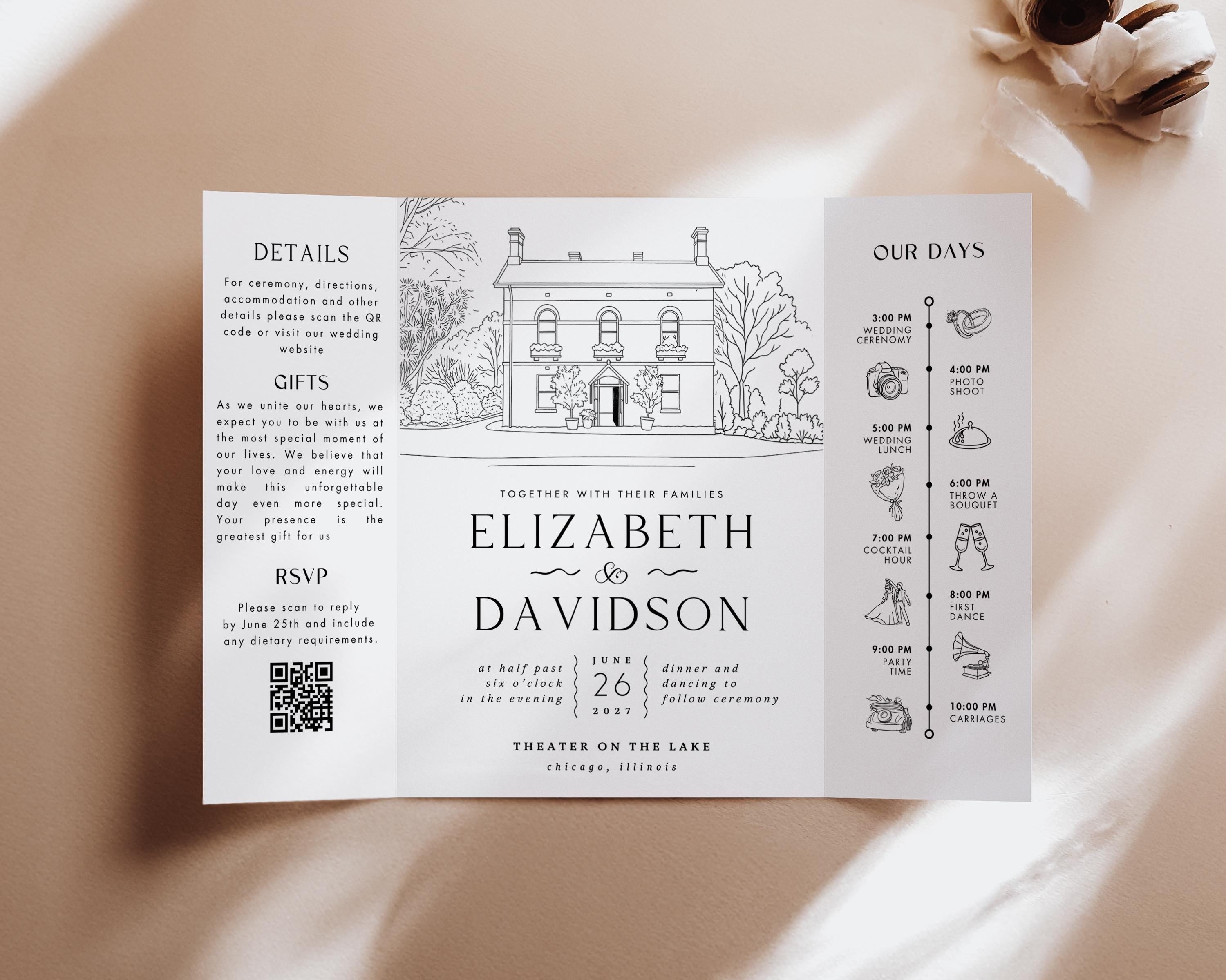 Gatefold Venue Sketch,Line drawing Gatefold Wedding Invitation, Gatefold Wedding Invitation, Gatefold, Wedding Venue Illustration for Invite