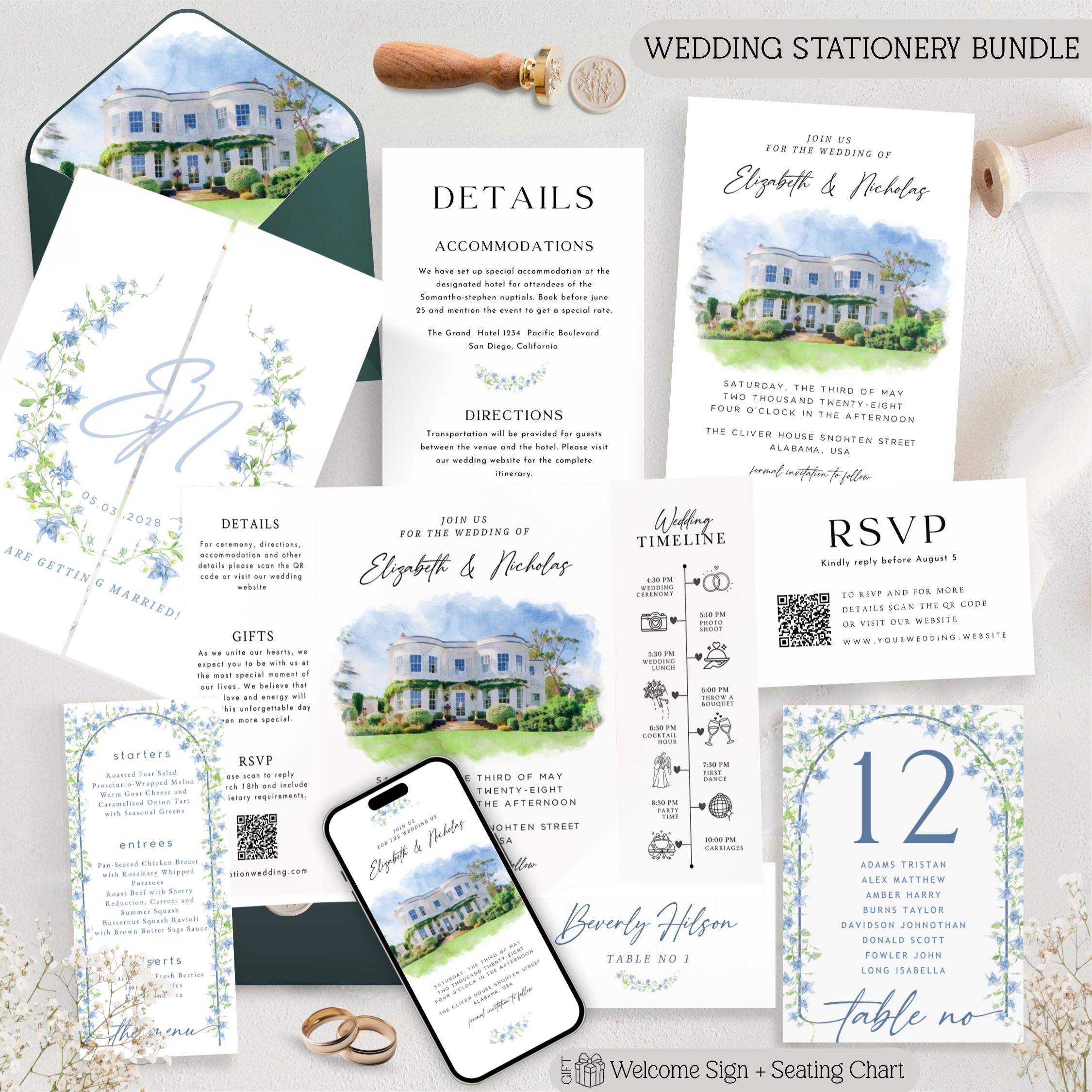 Custom Watercolor Venue Wedding Invitation | Printable Wedding Stationery Bundle | Editable Canva Template