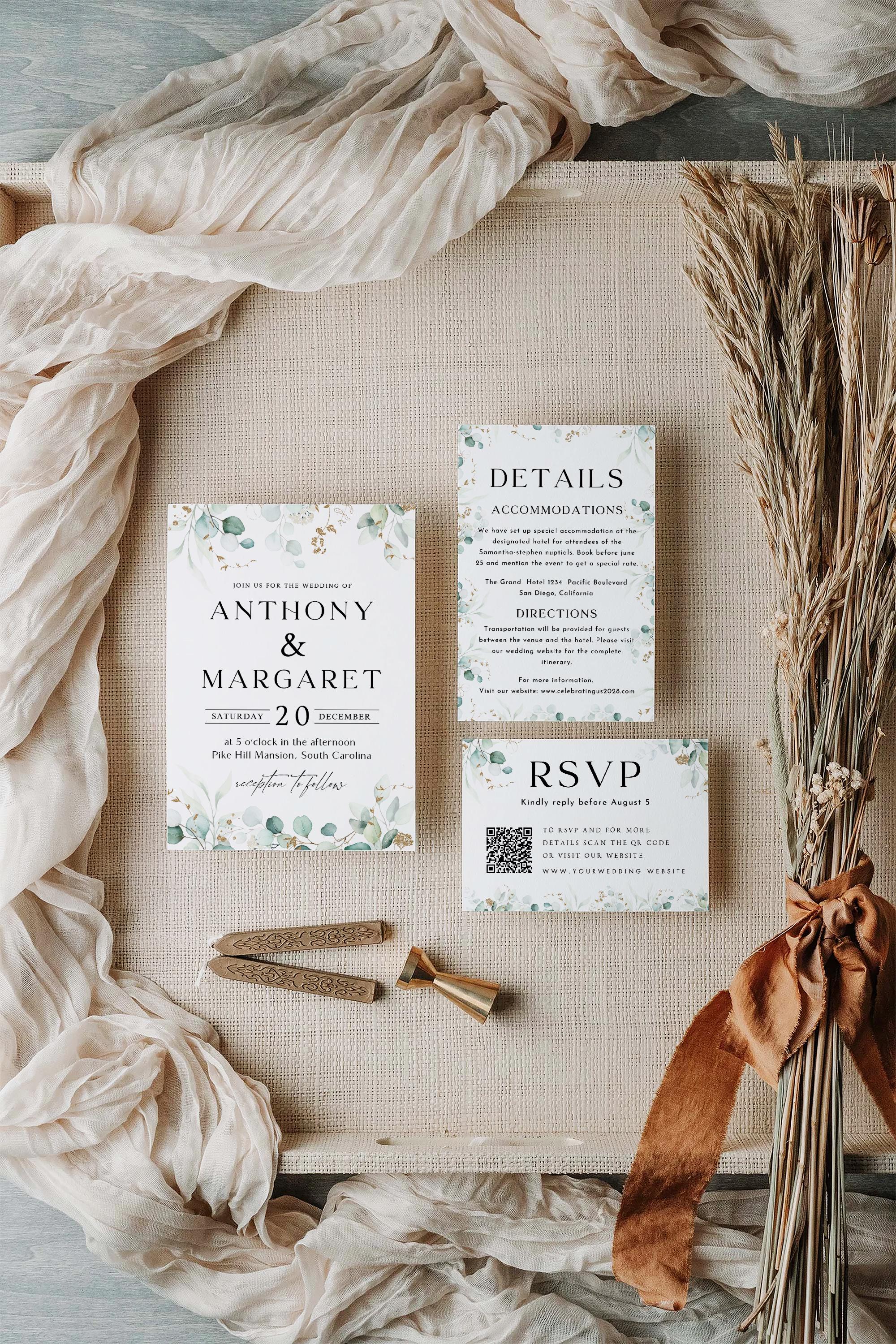 Sage Greenery Wedding Invitation Template, Flower Invite (Canva Template)