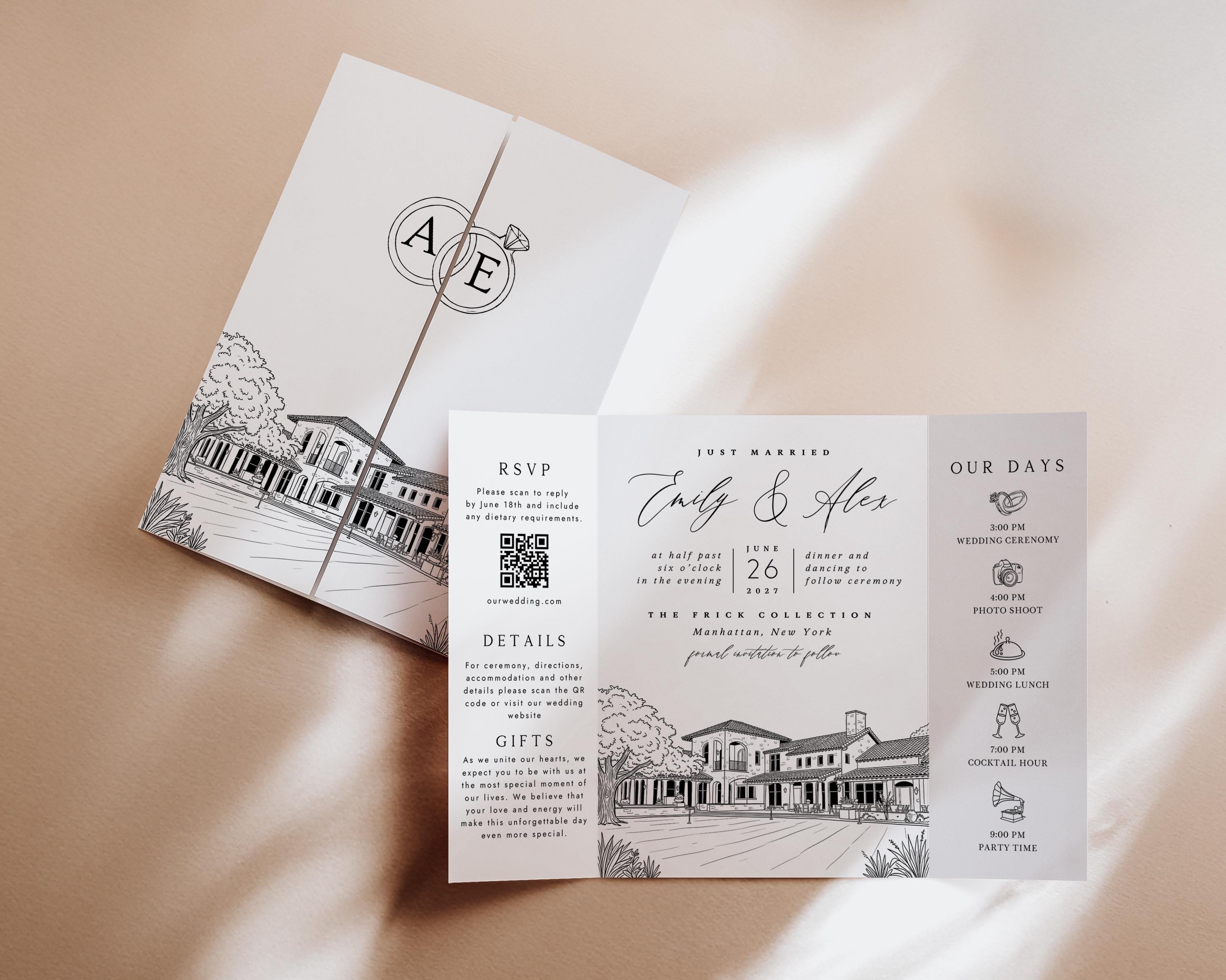 Custom Sketch Venue Gatefold Invitation | Editable Canva Lineart Gatefold Invite | Modern Wedding Template