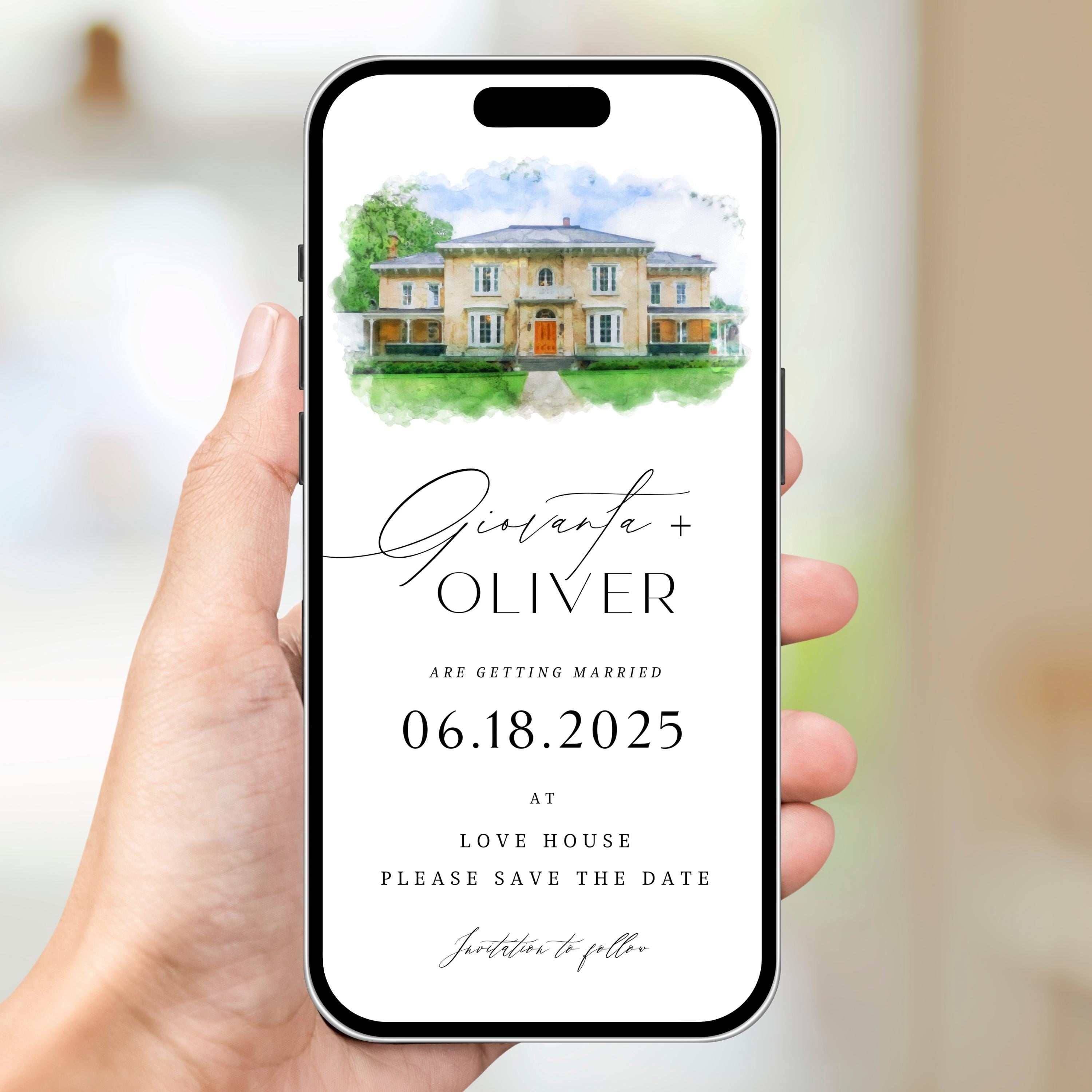 Digital Venue Sketch Save the Date: Watercolor Wedding E-vite (JPEG, PNG, PDF