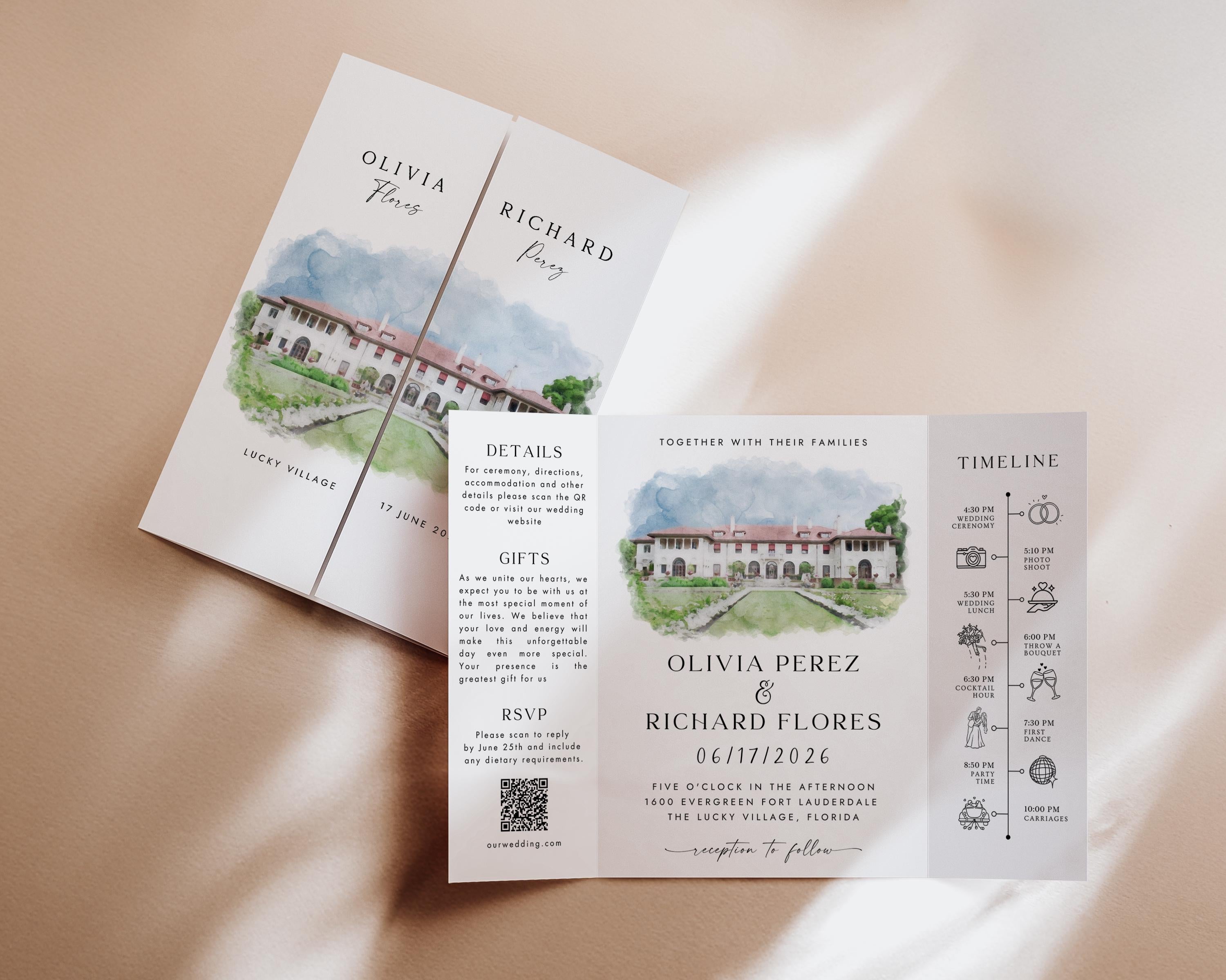 Personalized Watercolor Venue Wedding Invitation | Editable Canva Gatefold Invite | Custom Wedding Template