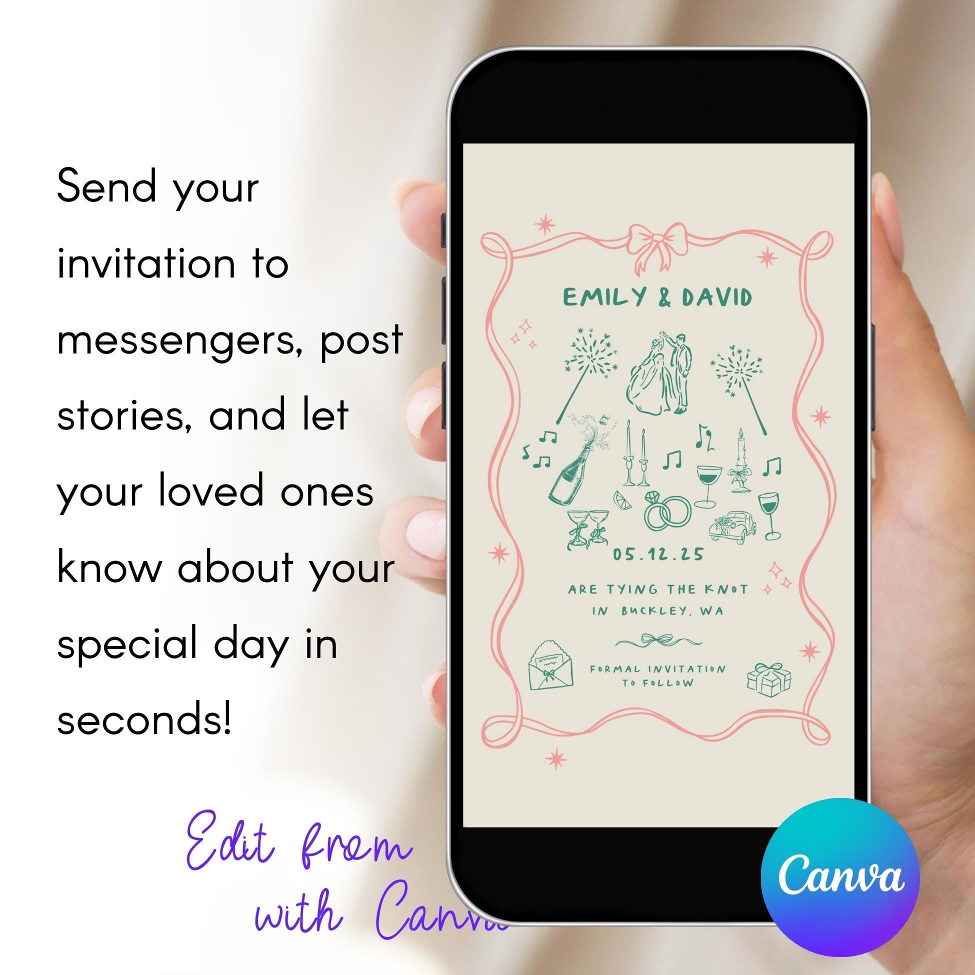 Hand-Drawn Wedding Invitation Template: Electronic Party Invite (Canva Template)