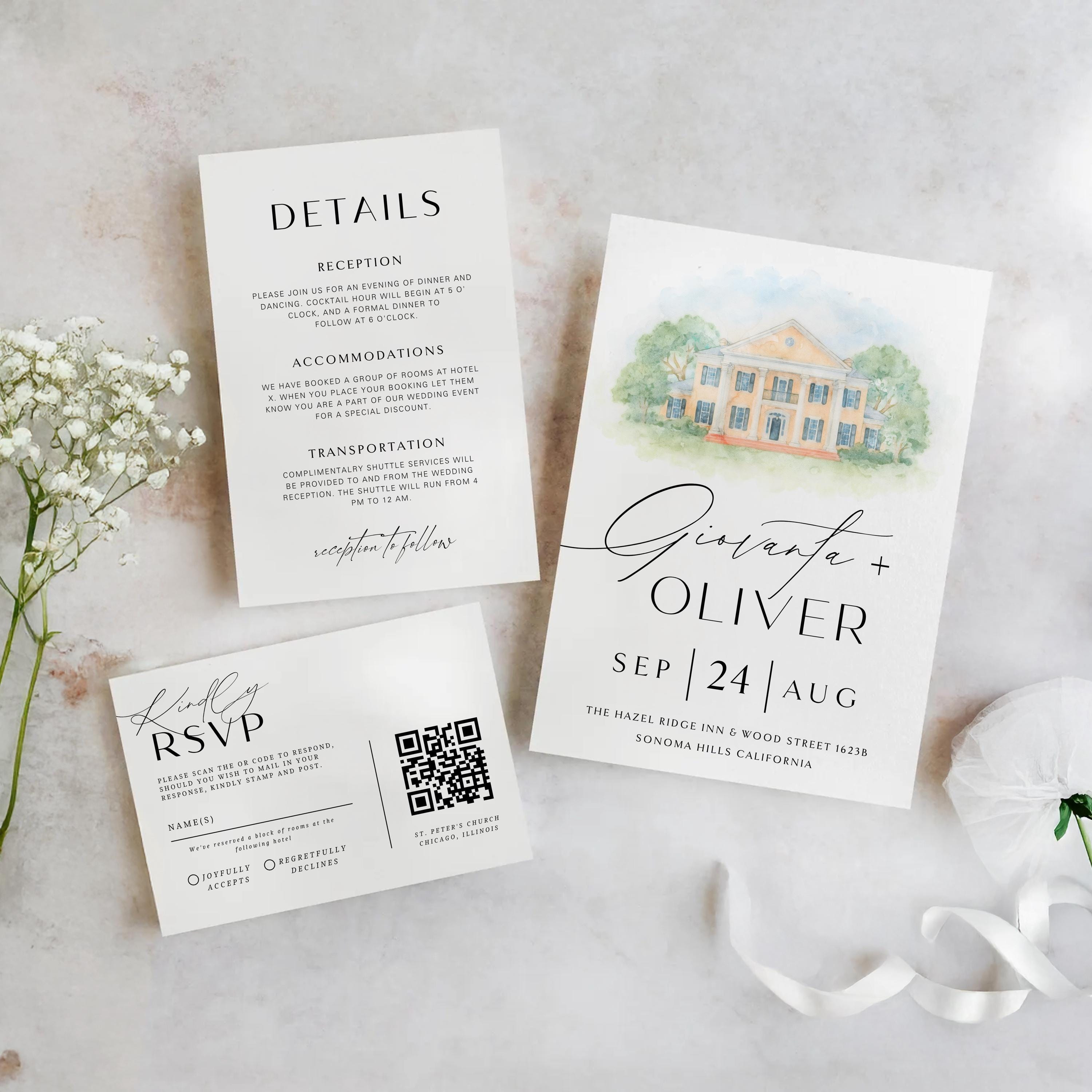 Custom Watercolor Venue Wedding Invitation (Canva Template)