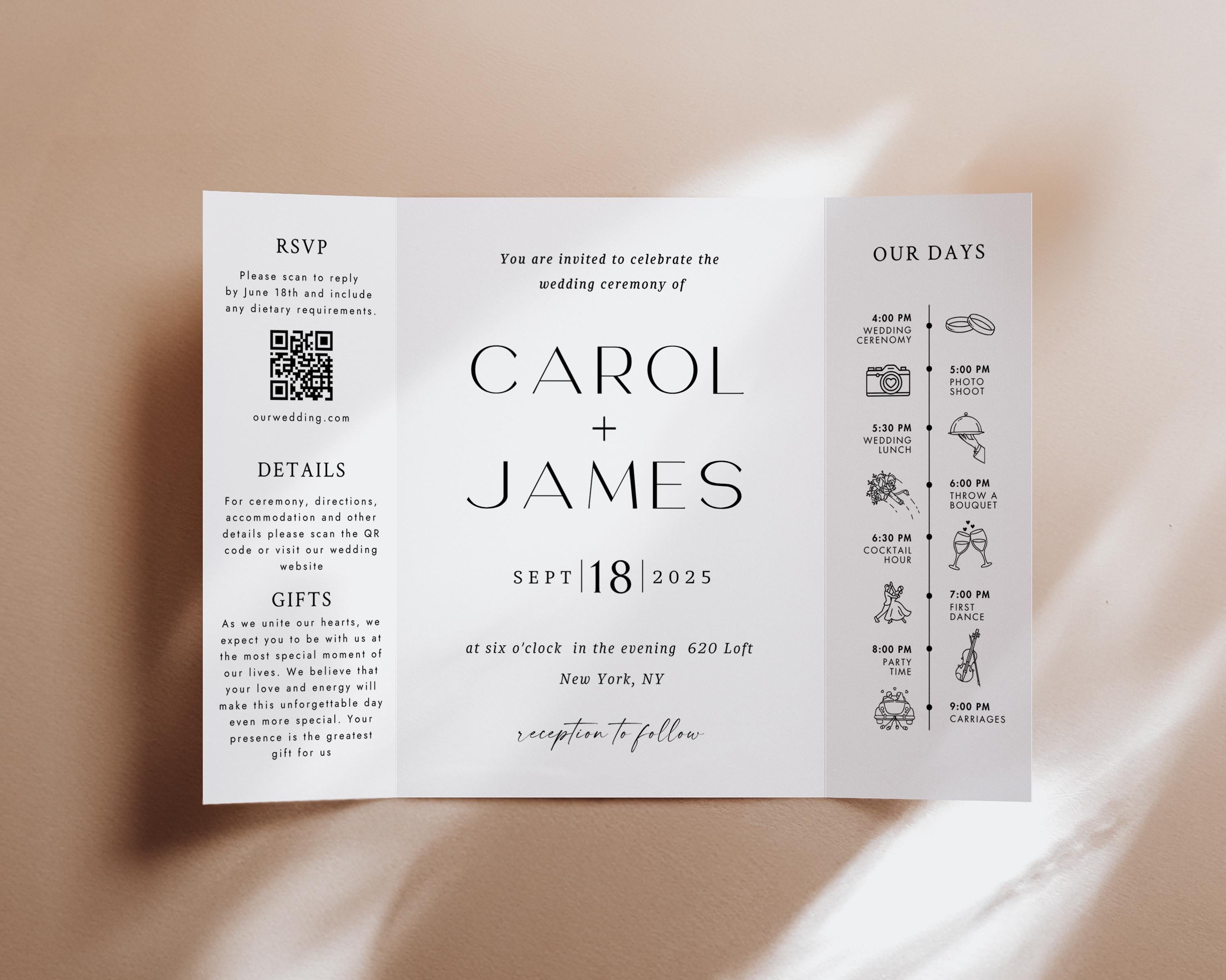Photo Wedding Invitation Template, Gatefold Trifold, Editable Canva Minimalistic Invite