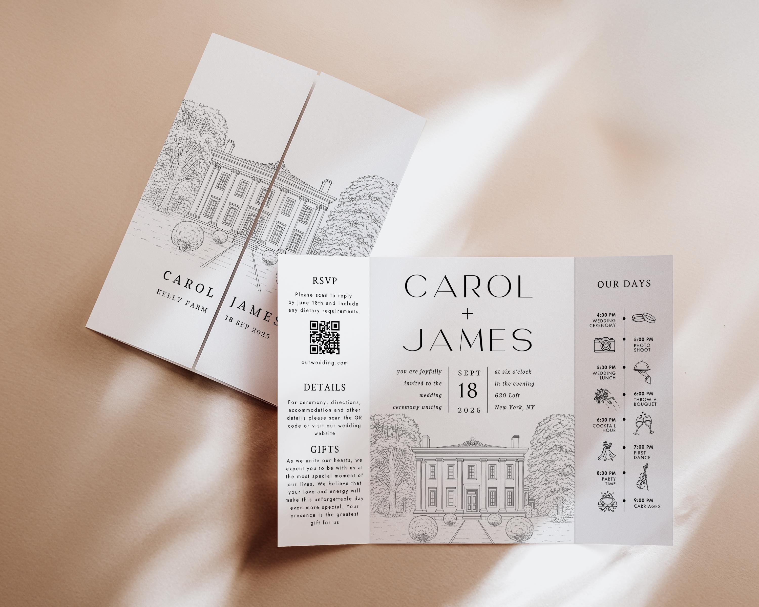 Custom Sketch Venue Gatefold Invitation | Editable Canva Lineart Gatefold Invite | Modern Wedding Template