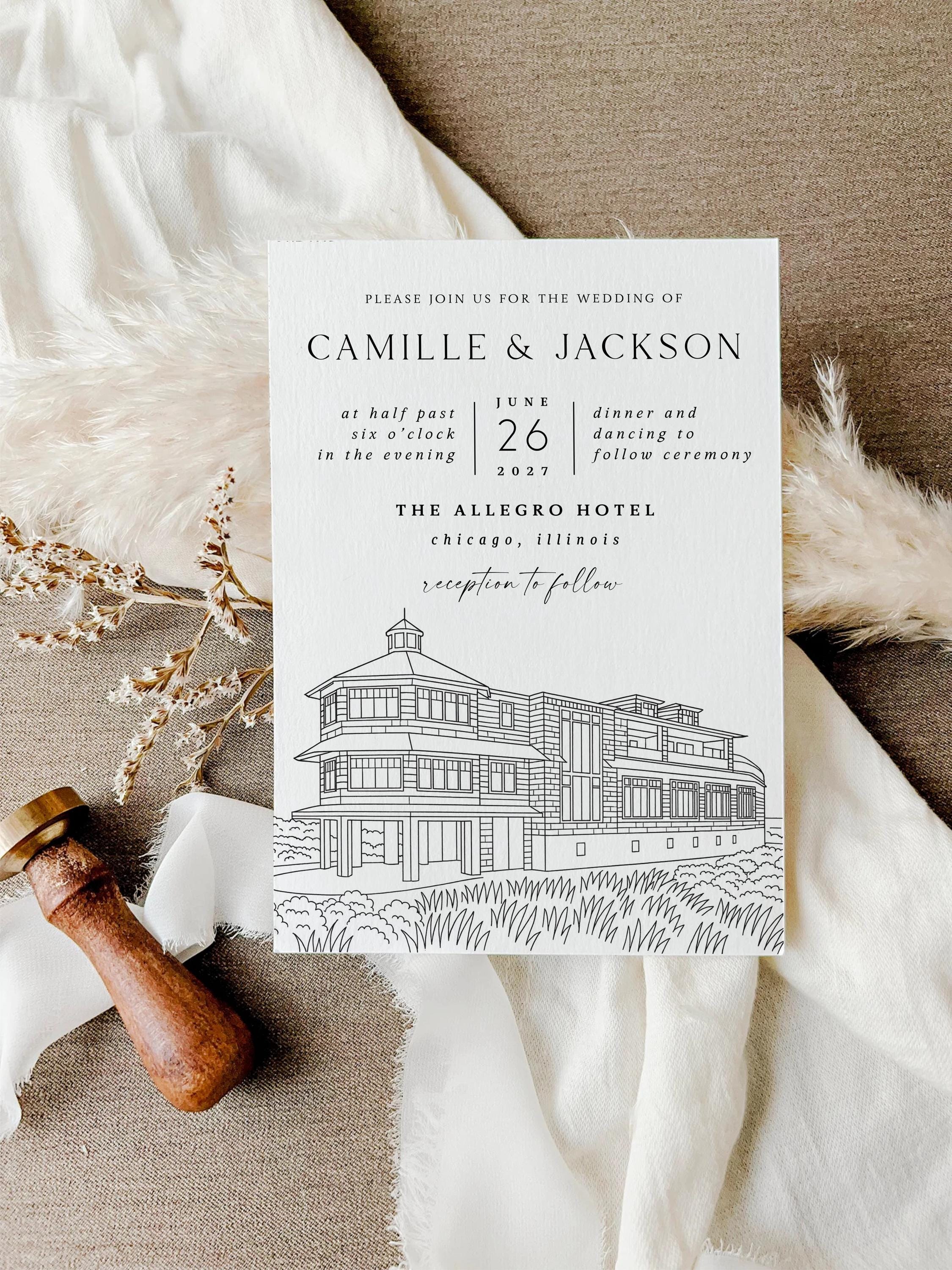 Wedding Venue Line Art Invitation: Custom Venue Sketch (Canva Template, Digital Download
