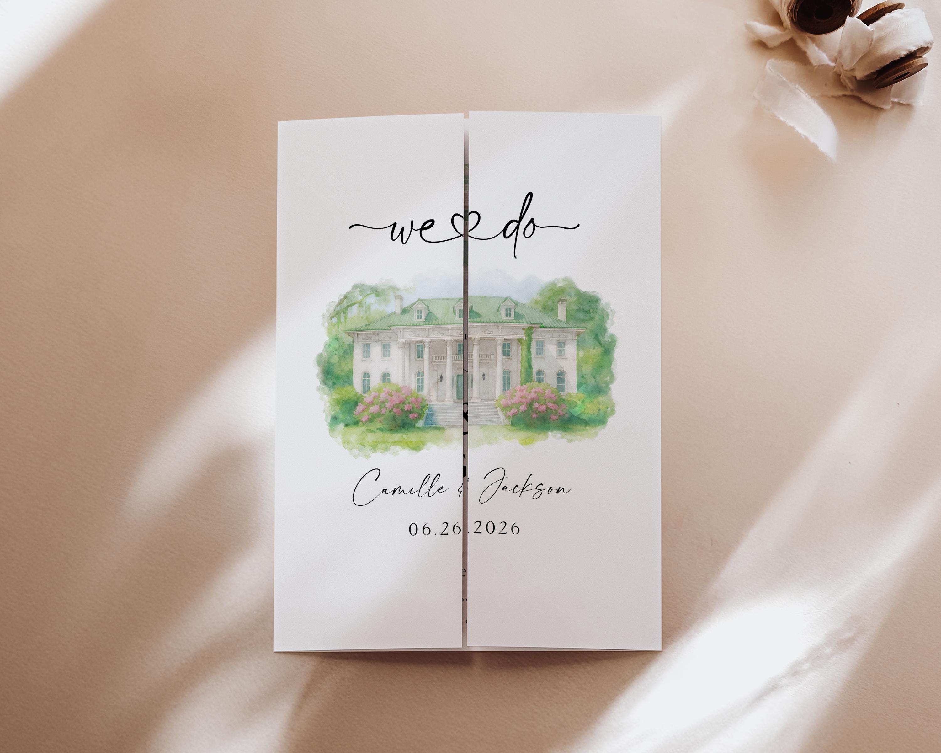 Custom Watercolor Venue Wedding Invitation, Editable Canva Gatefold Invite Template