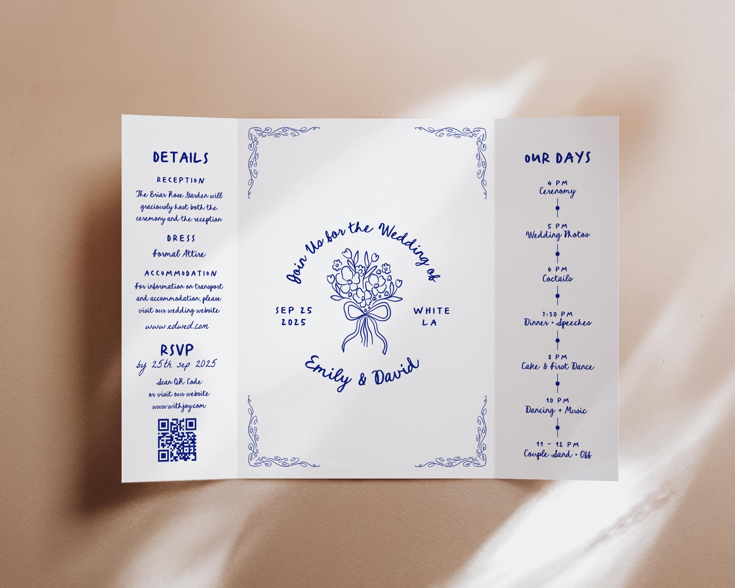 Hand Drawn Wedding Invitation Template: Gatefold Card with QR Code (Digital Download)