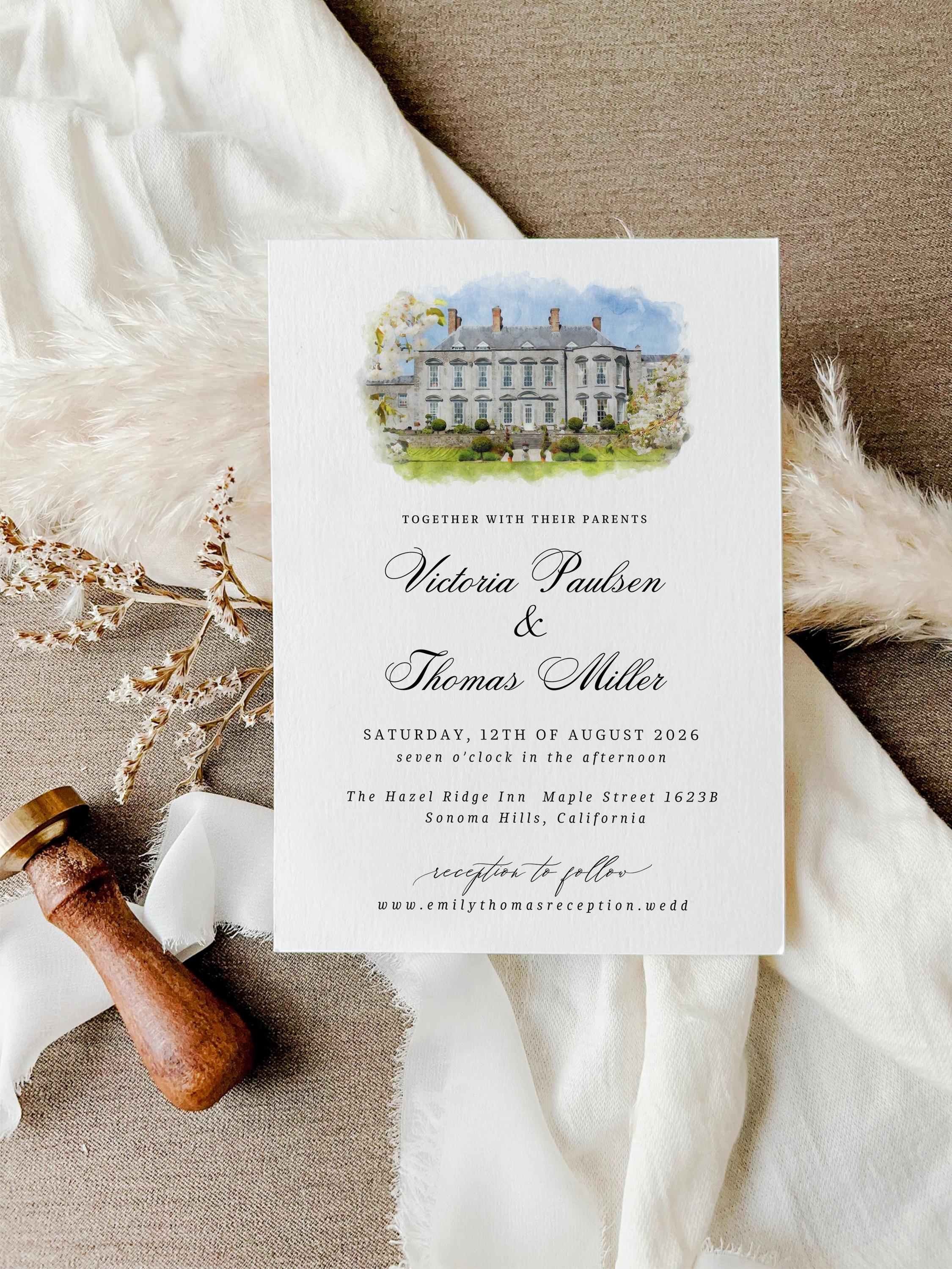 Custom Watercolor Venue Wedding Invitation | Editable Canva Invite Template | Modern Wedd Template,