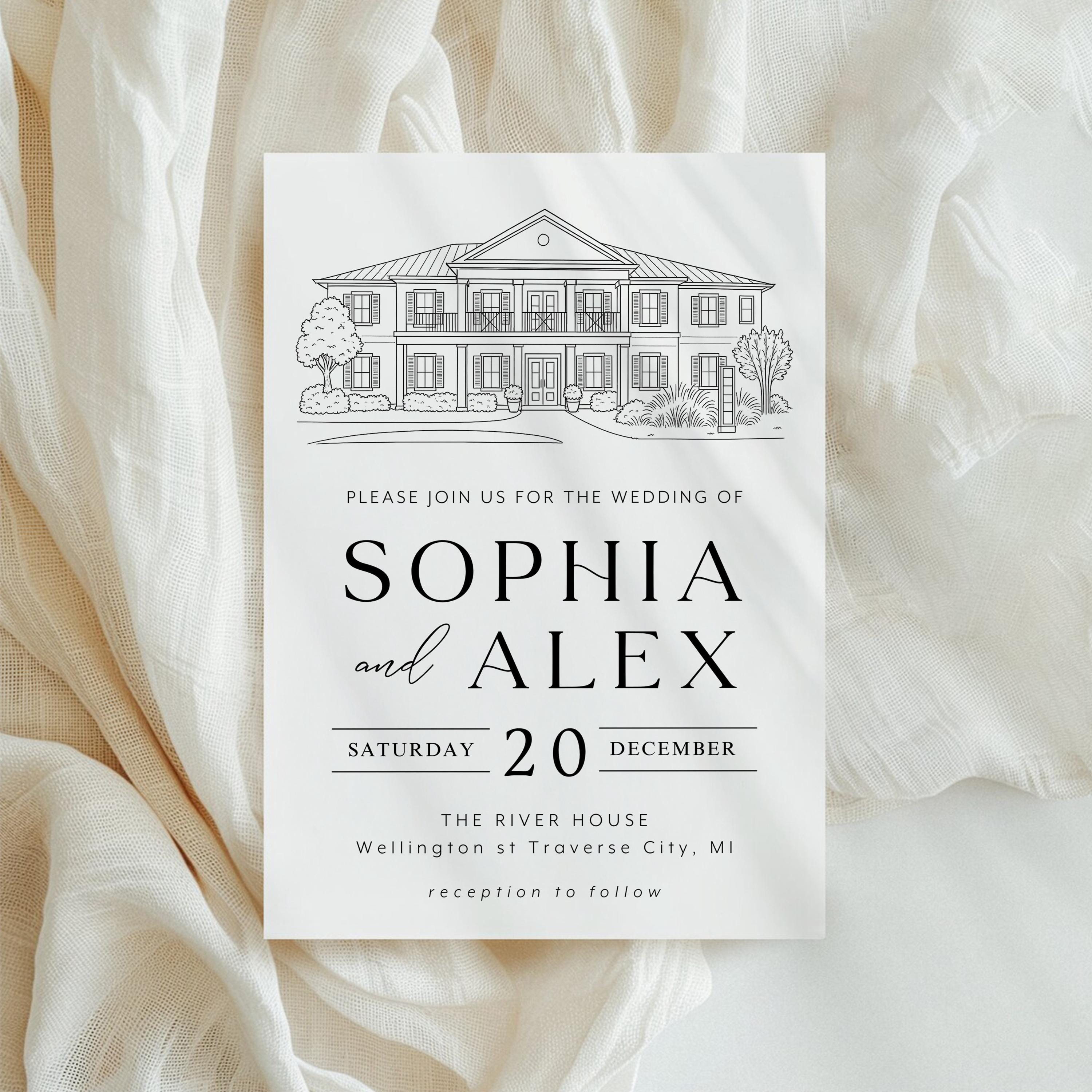 Line Drawing Wedding Venue Invitation: Custom Illustration (Canva Template)