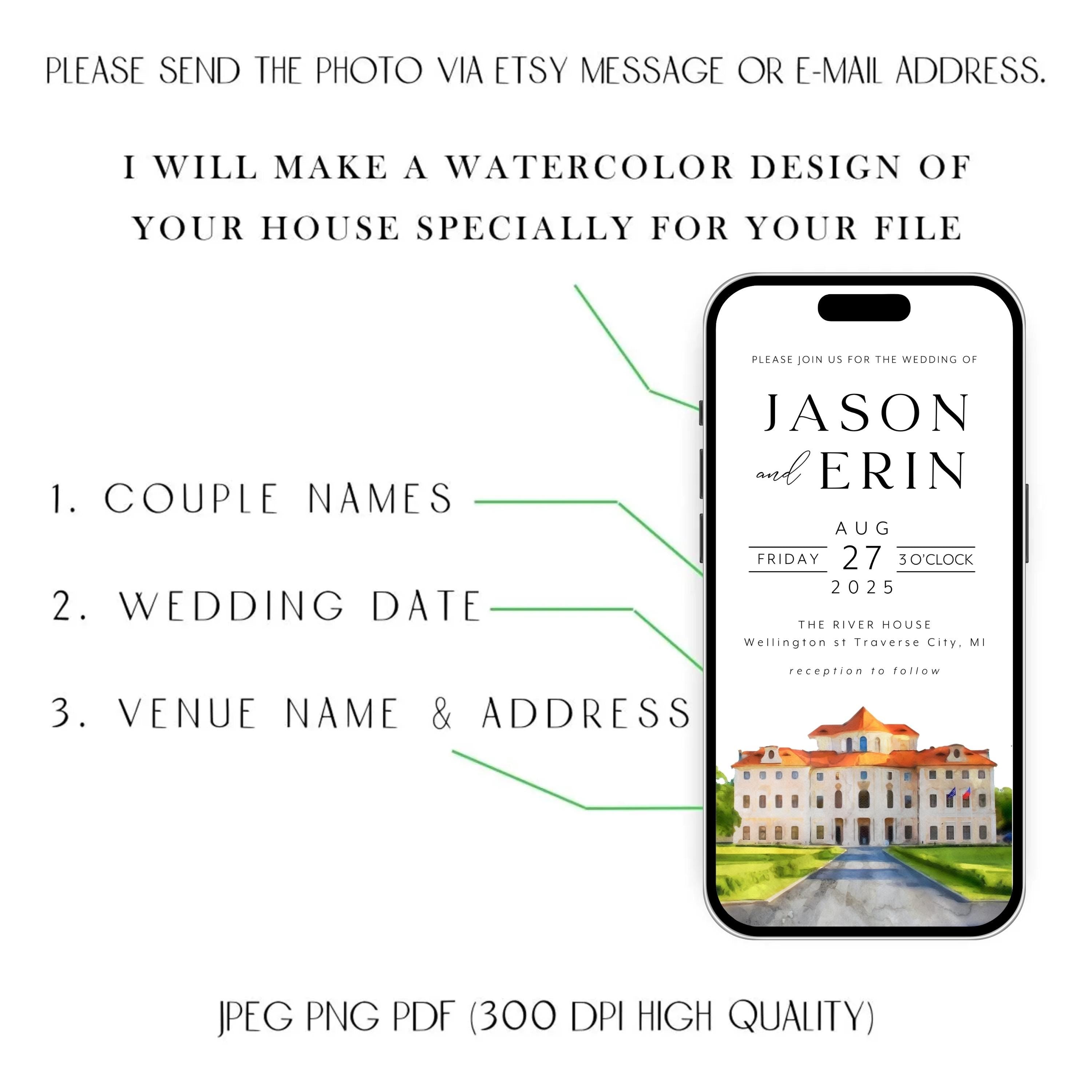 Digital Venue Sketch Save the Date: Watercolor Wedding E-vite (JPEG, PNG, PDF