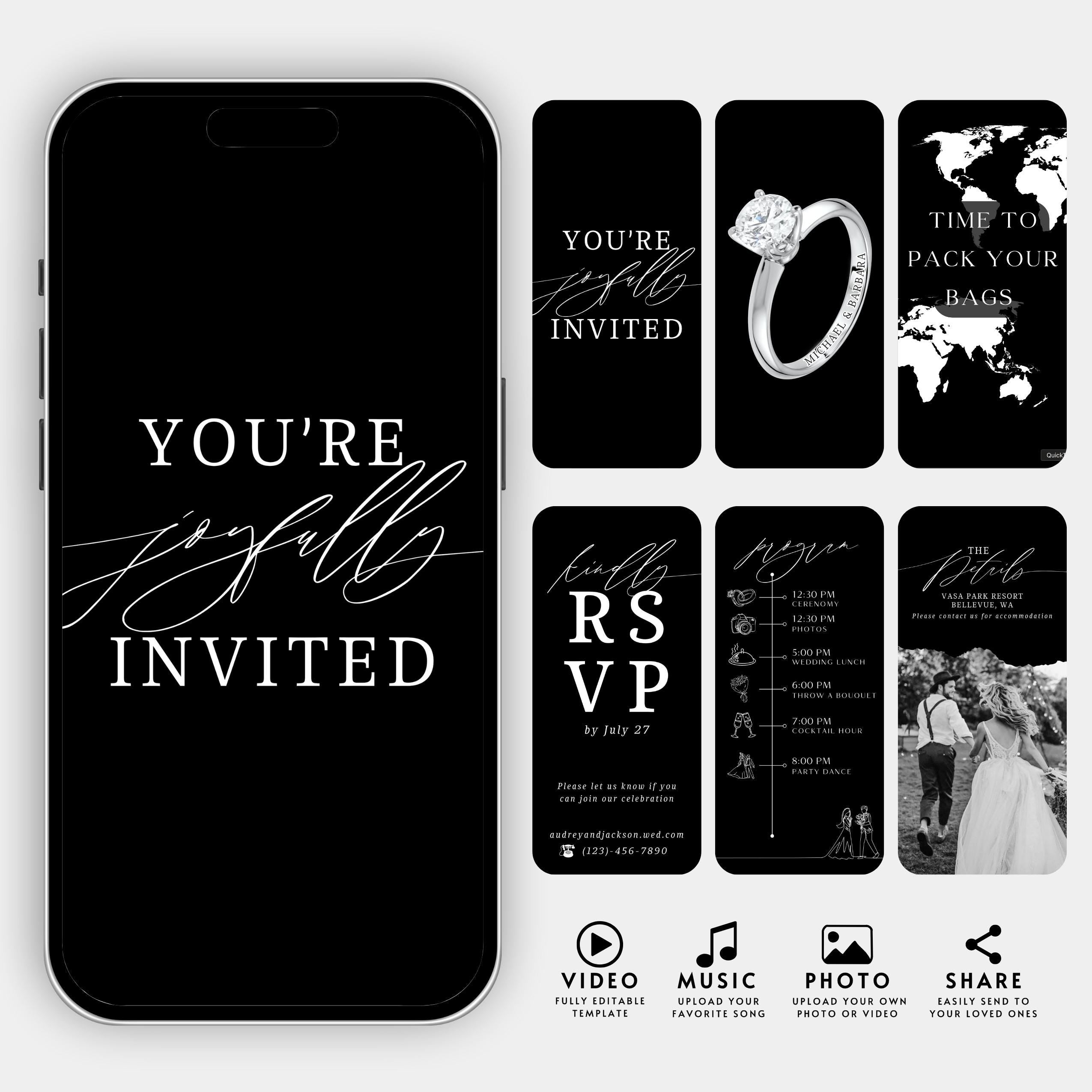Animated Wedding Video Invitation Template, Canva Editable, Add Photo and Music