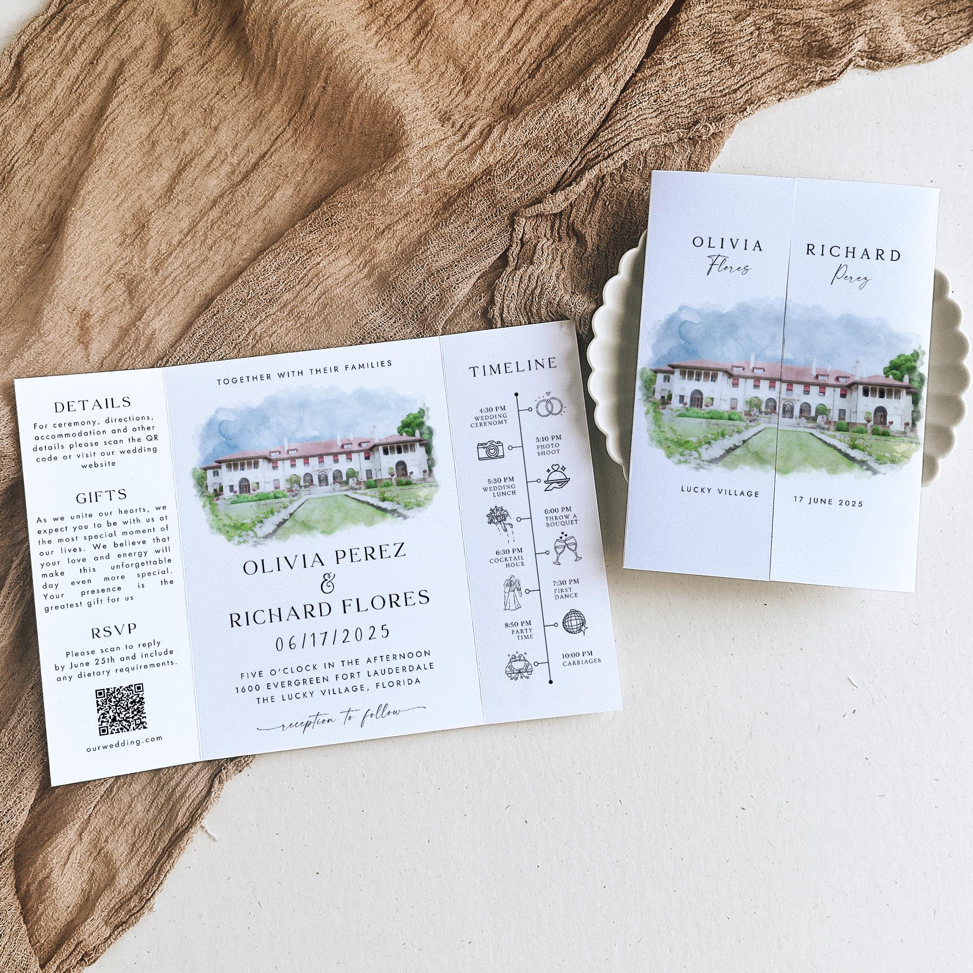 Personalized Watercolor Venue Wedding Invitation | Editable Canva Gatefold Invite | Custom Wedding Template