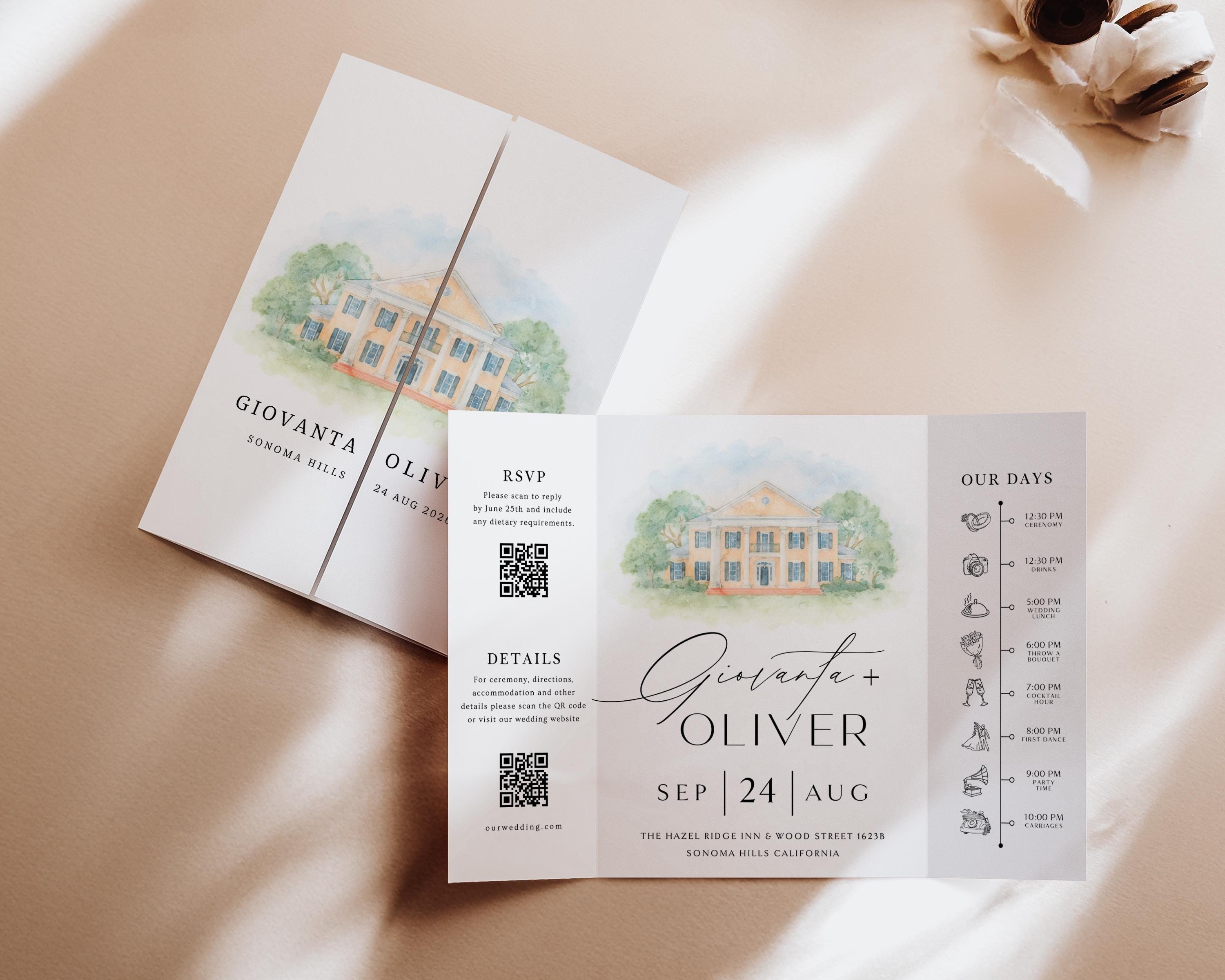 Watercolor Venue Wedding Invitation, Editable Gatefold Canva Template, Custom Invite