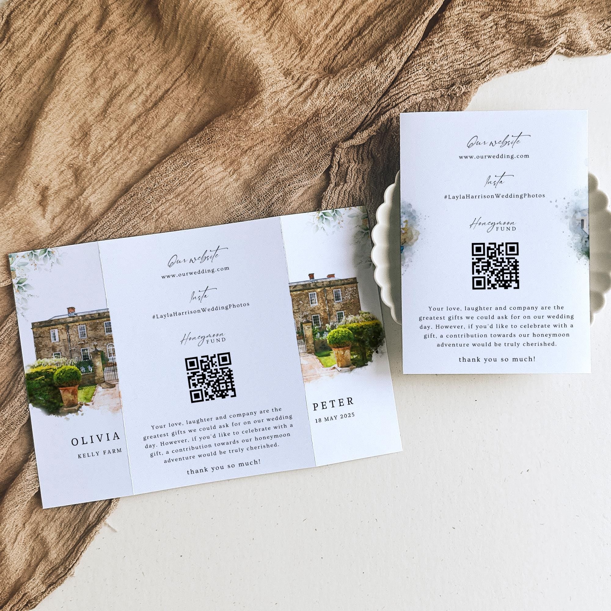 Modern Watercolor Venue Wedding Invitation, Gatefold Canva Template, Custom Editable Invite