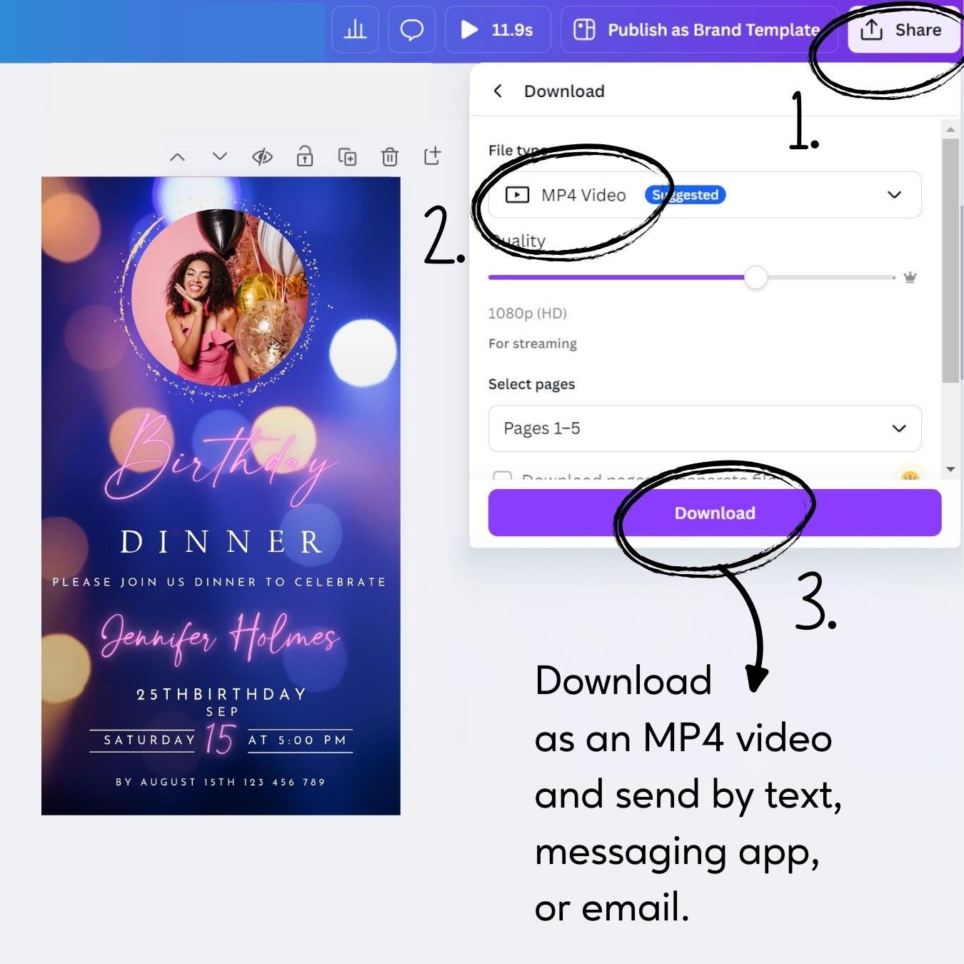 Editable Birthday Dinner Video Invitation Template (Canva)