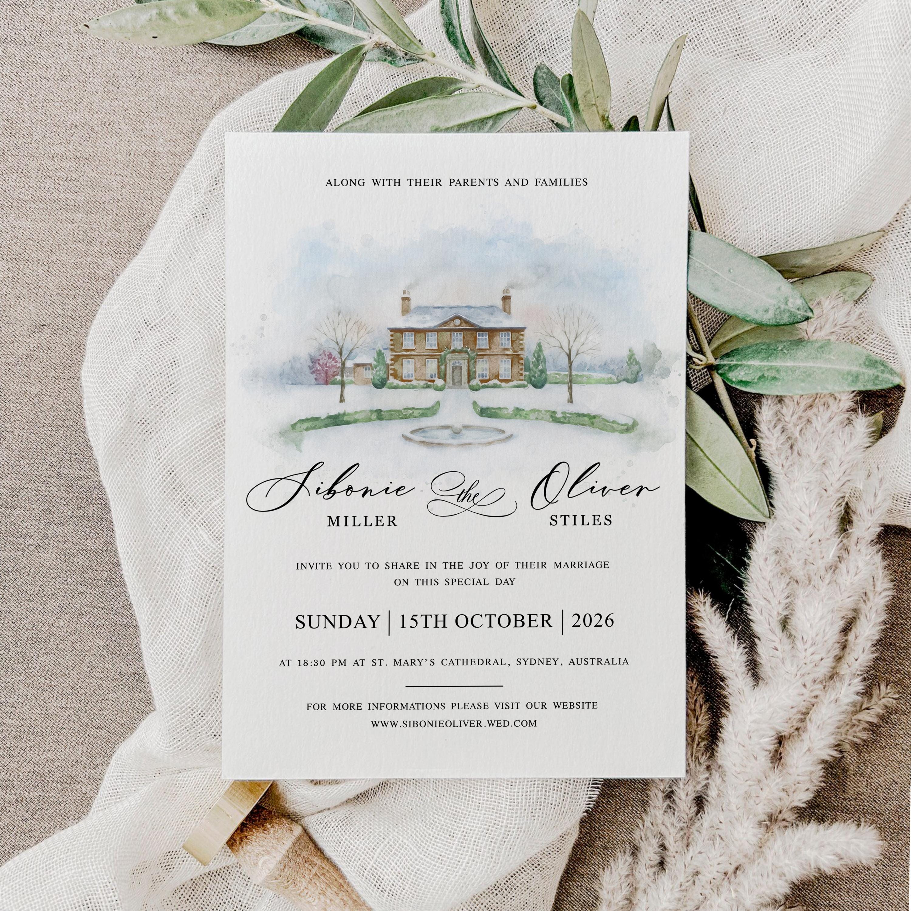 Watercolor Wedding Venue Invitations | Custom Venue digital, Modern Illustration Invite, Editable Canva Template