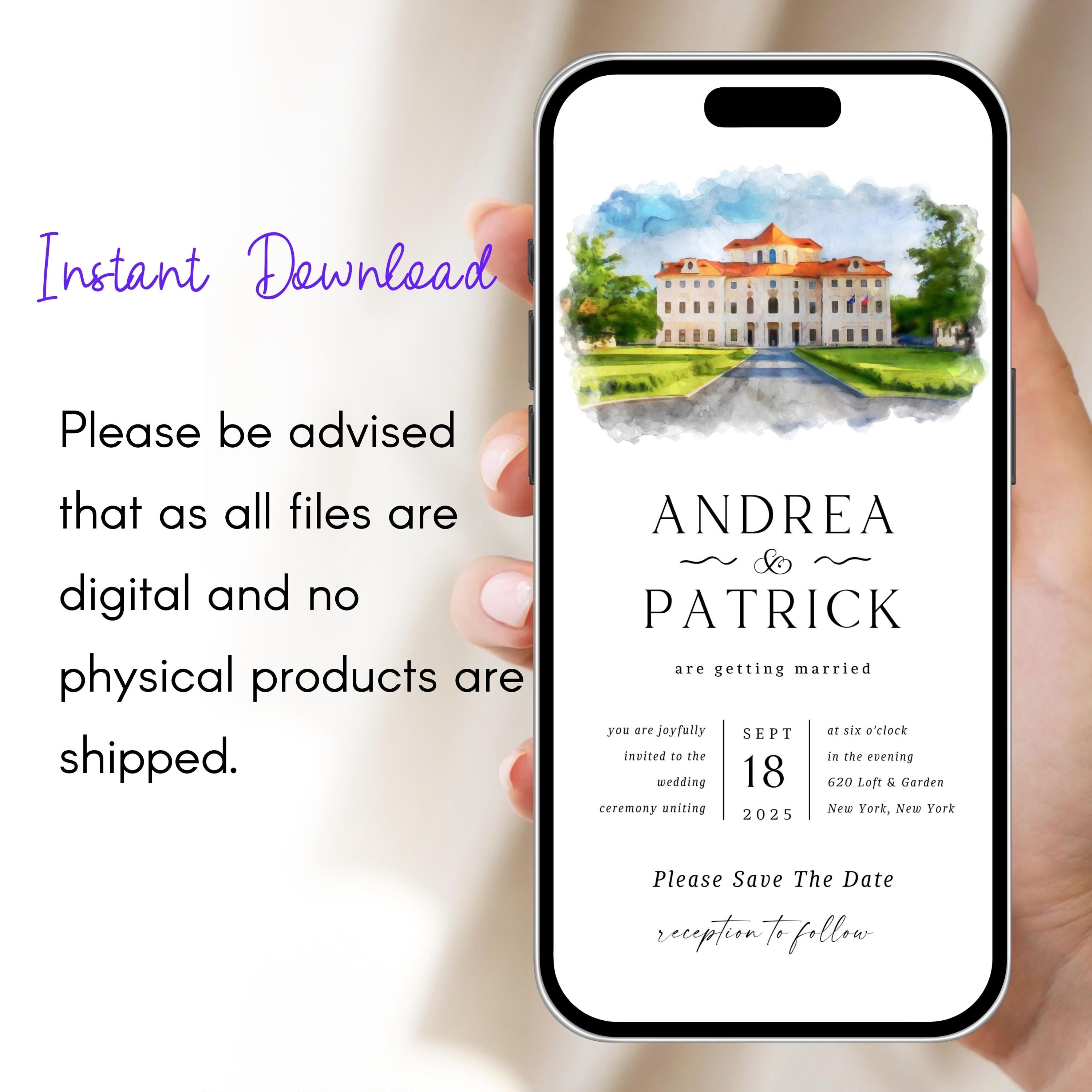 Digital Venue Sketch Save the Date: Watercolor Wedding E-vite (JPEG, PNG, PDF